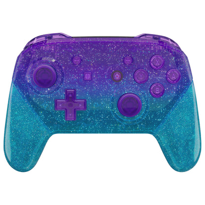 eXtremeRate Replacement Full Set Shell Faceplate Backplate Handles with Button Kit for Nintendo Switch Pro - Glitter Gradient Translucent Bluebell & Blue eXtremeRate