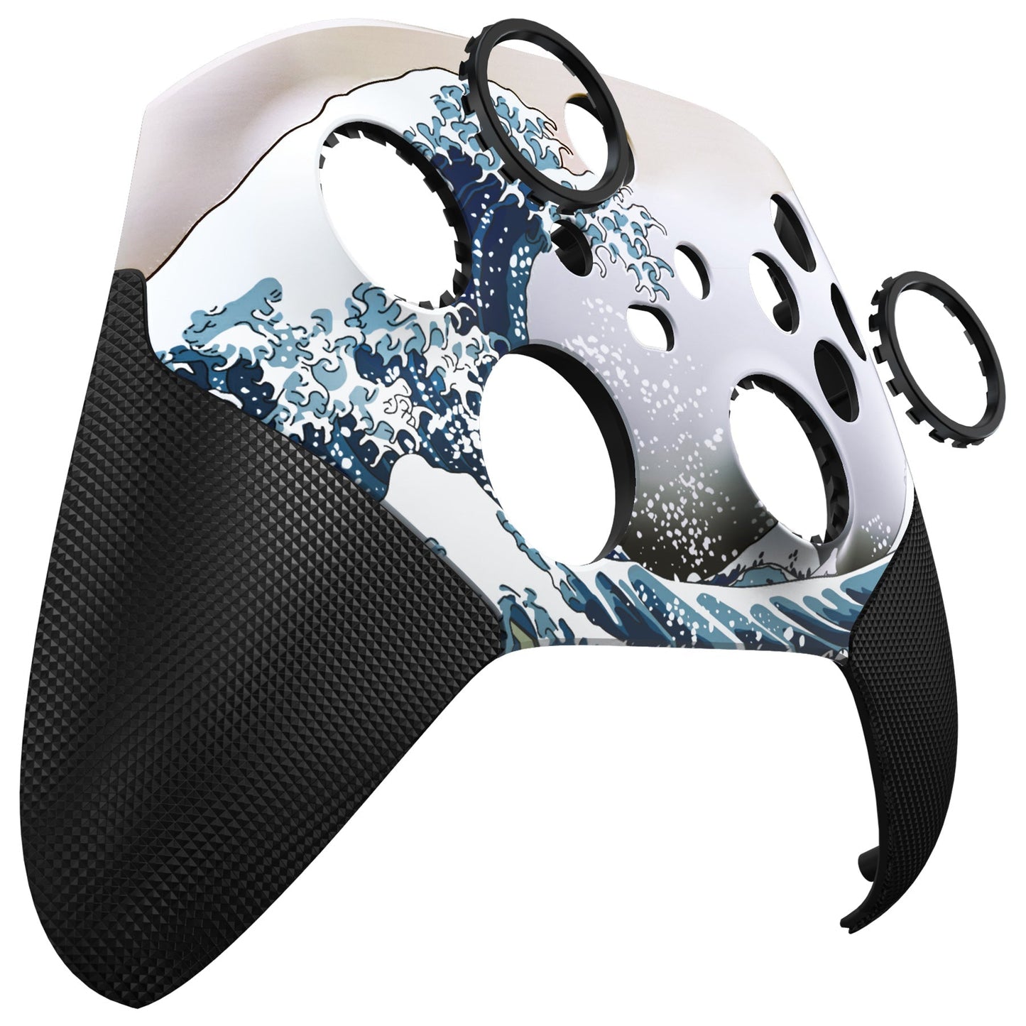 eXtremeRate Retail The Great Wave ASR Version Performance Rubberized Grip Front Housing Shell  with Accent Rings for Xbox Series X/S Controller - FX3C1002