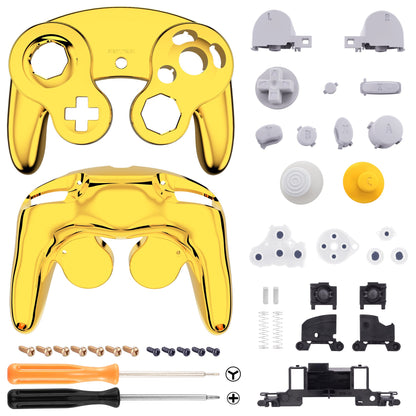 eXtremeRate Retail Chrome Gold Glossy Faceplate Backplate for Nintendo GameCube Controller, Replacement Housing Shell Cover with Buttons for Nintendo GameCube Controller NGC - Controller NOT Included - GCND4001