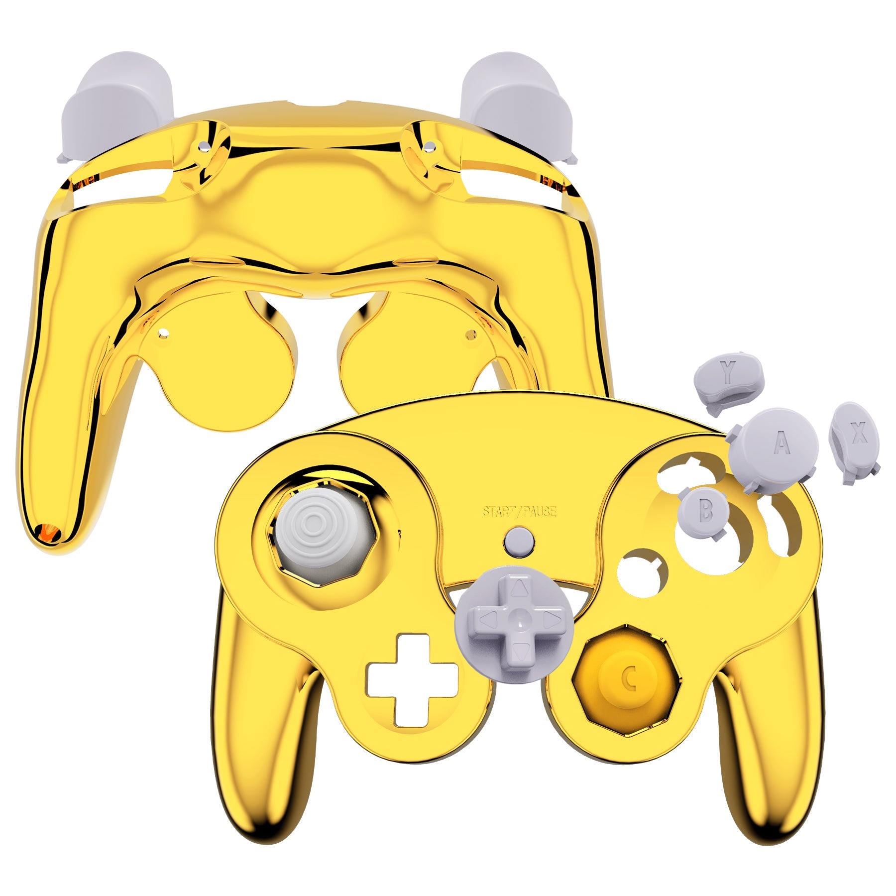 eXtremeRate Retail Chrome Gold Glossy Faceplate Backplate for Nintendo GameCube Controller, Replacement Housing Shell Cover with Buttons for Nintendo GameCube Controller NGC - Controller NOT Included - GCND4001