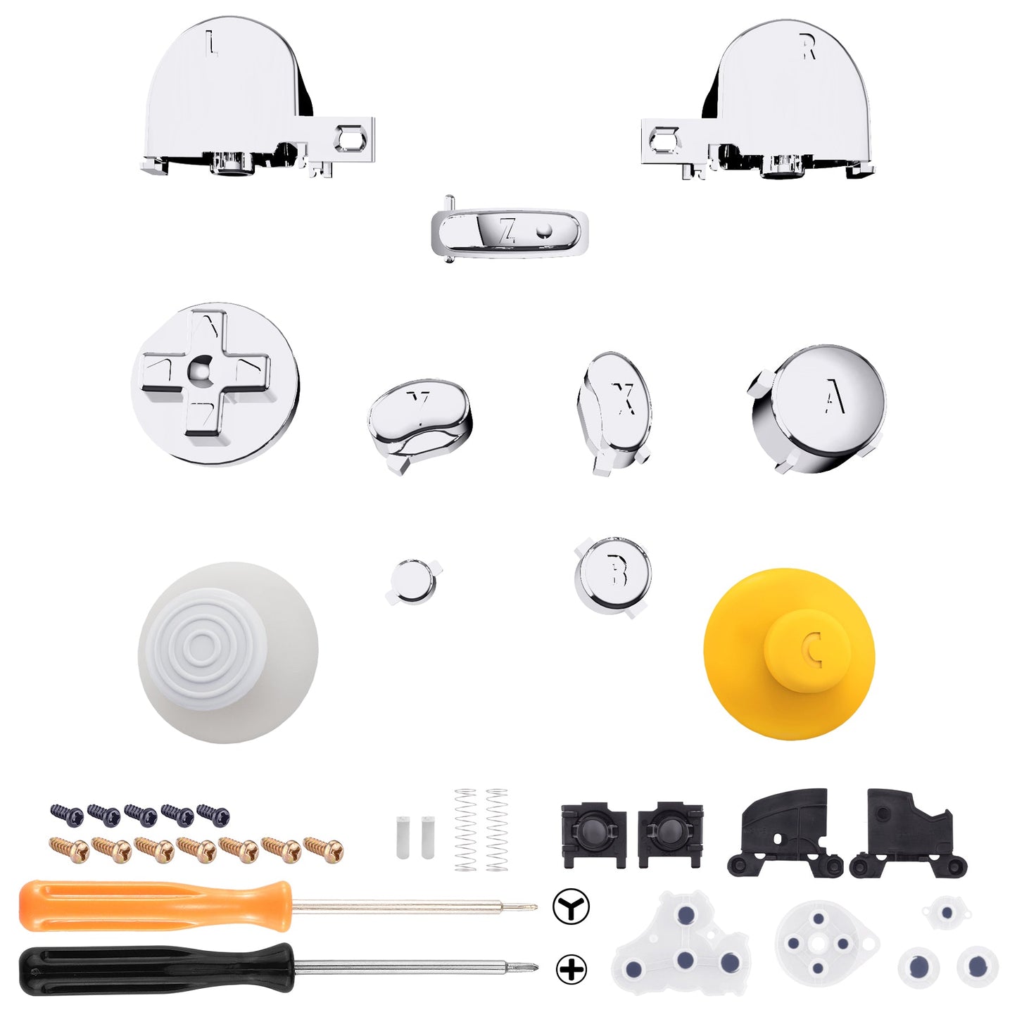 eXtremeRate Retail Chrome Silver Repair ABXY D-pad Z L R Keys for Nintendo GameCube Controller, DIY Replacement Full Set Buttons Thumbsticks & Tools for Nintendo GameCube Controller - Controller NOT Included - GCNJ3002