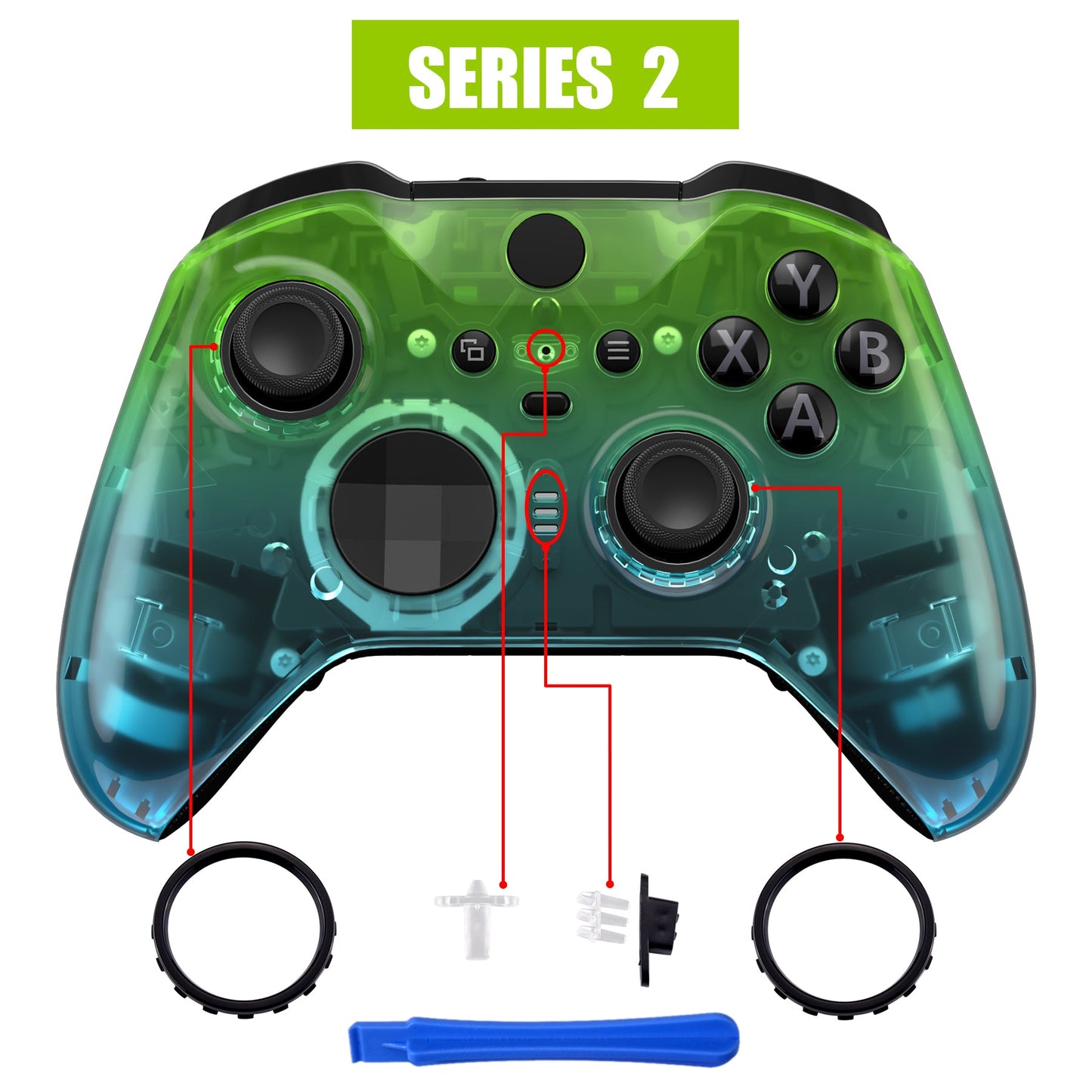 eXtremeRate Retail Gradient Translucent Green Blue Faceplate Cover, Glossy Front Housing Shell Case Replacement Kit for Xbox One Elite Series 2 Controller (Model 1797 and Core Model 1797) - Thumbstick Accent Rings Included - ELP336