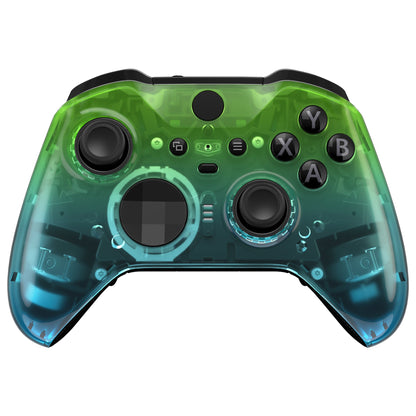 eXtremeRate Retail Gradient Translucent Green Blue Faceplate Cover, Glossy Front Housing Shell Case Replacement Kit for Xbox One Elite Series 2 Controller (Model 1797 and Core Model 1797) - Thumbstick Accent Rings Included - ELP336