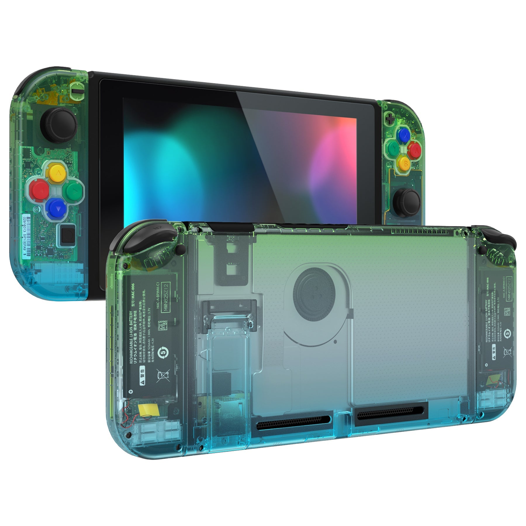 eXtremeRate Retail Clear Gradient Translucent Green Blue Back Plate for NS Switch Console, NS Joycon Handheld Controller Housing with Full Set Buttons, DIY Replacement Shell for Nintendo Switch - QP344