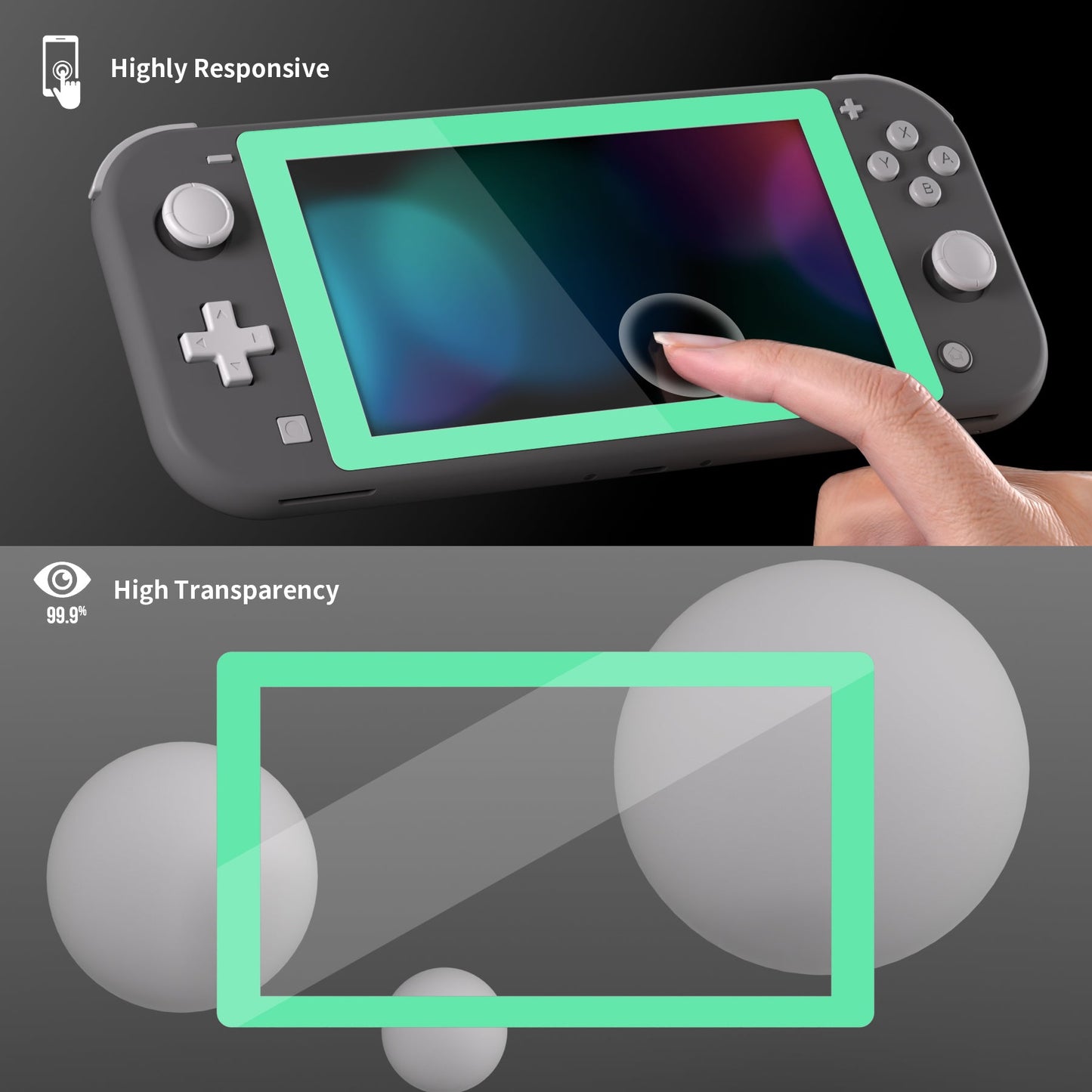 eXtremeRate Retail 2 Pack Mint Green Border Transparent HD Saver Protector Film, Tempered Glass Screen Protector for Nintendo Switch Lite [Anti-Scratch, Anti-Fingerprint, Shatterproof, Bubble-Free] - HL714