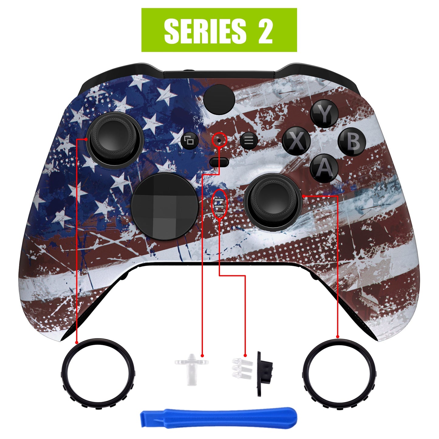 eXtremeRate Retail Impression US Flag Faceplate Cover, Soft Touch Front Housing Shell Case Replacement Kit for Xbox One Elite Series 2 Controller Model 1797 - Thumbstick Accent Rings Included - ELT146