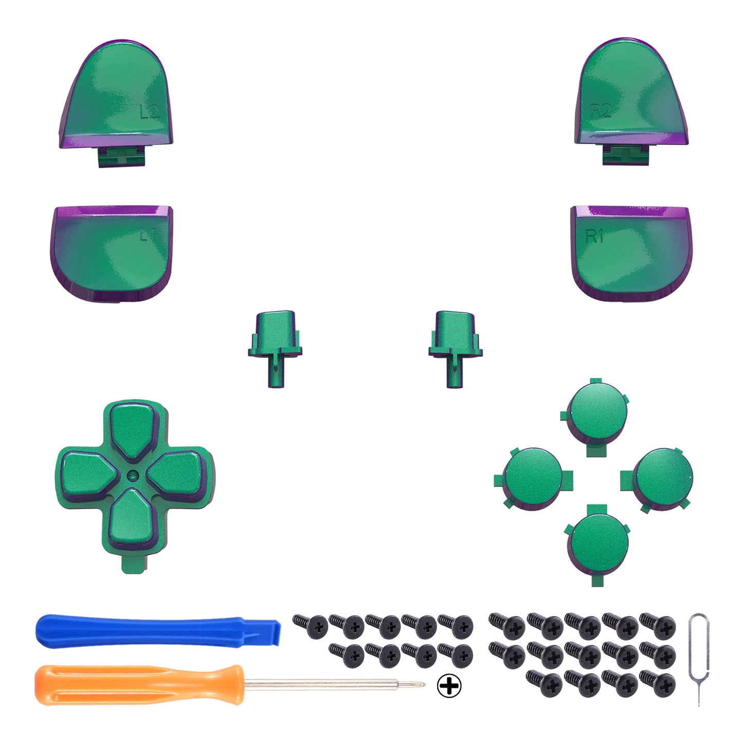 eXtremeRate Replacement Button Set for PS5 Controller BDM-030/040/050/060 (Chameleon Green/Purple)