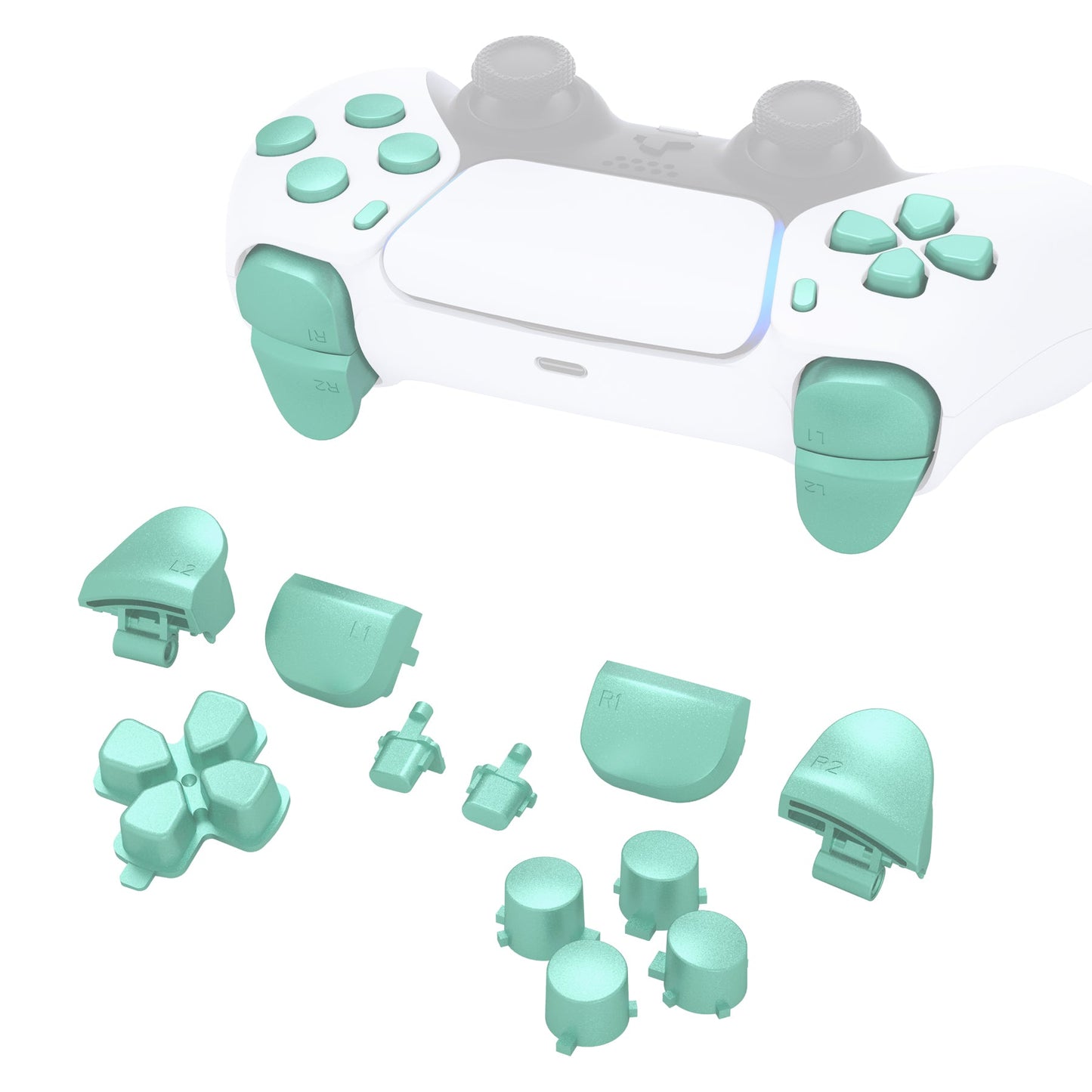 eXtremeRate Retail Replacement D-pad R1 L1 R2 L2 Triggers Share Options Face Buttons, Metallic Vista Green Full Set Buttons Compatible with ps5 Controller BDM-010 & BDM-020 - JPF1044G2