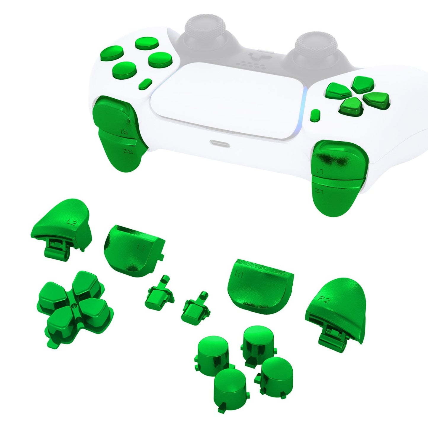 eXtremeRate Retail Replacement D-pad R1 L1 R2 L2 Triggers Share Options Face Buttons, Chrome Green Full Set Buttons Compatible With ps5 Controller BDM-010 & BDM-020 - JPF2006G2