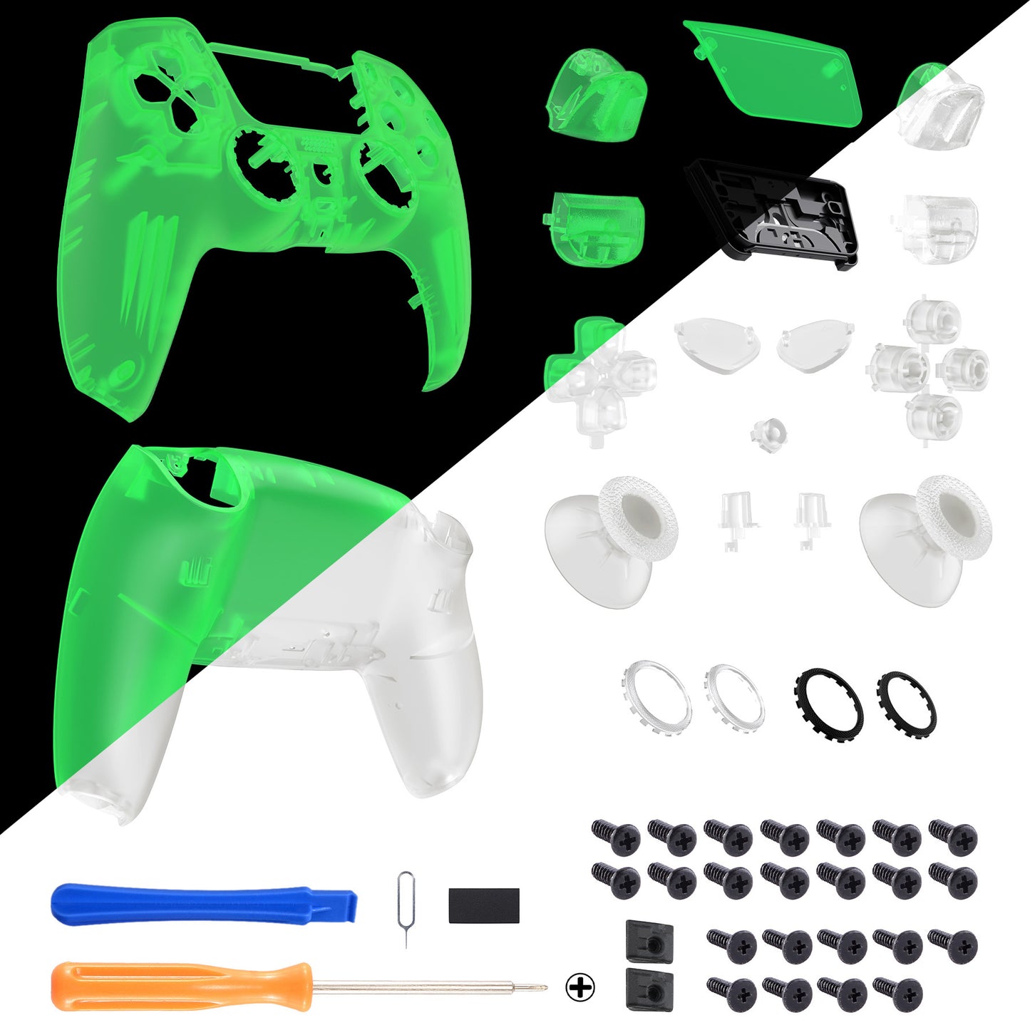 eXtremeRate PS5コントローラーBDM-030/040/050対応LUNA再設計交換対応用フルセットシェル＆ボタン【暗闇で光る-グリーン】