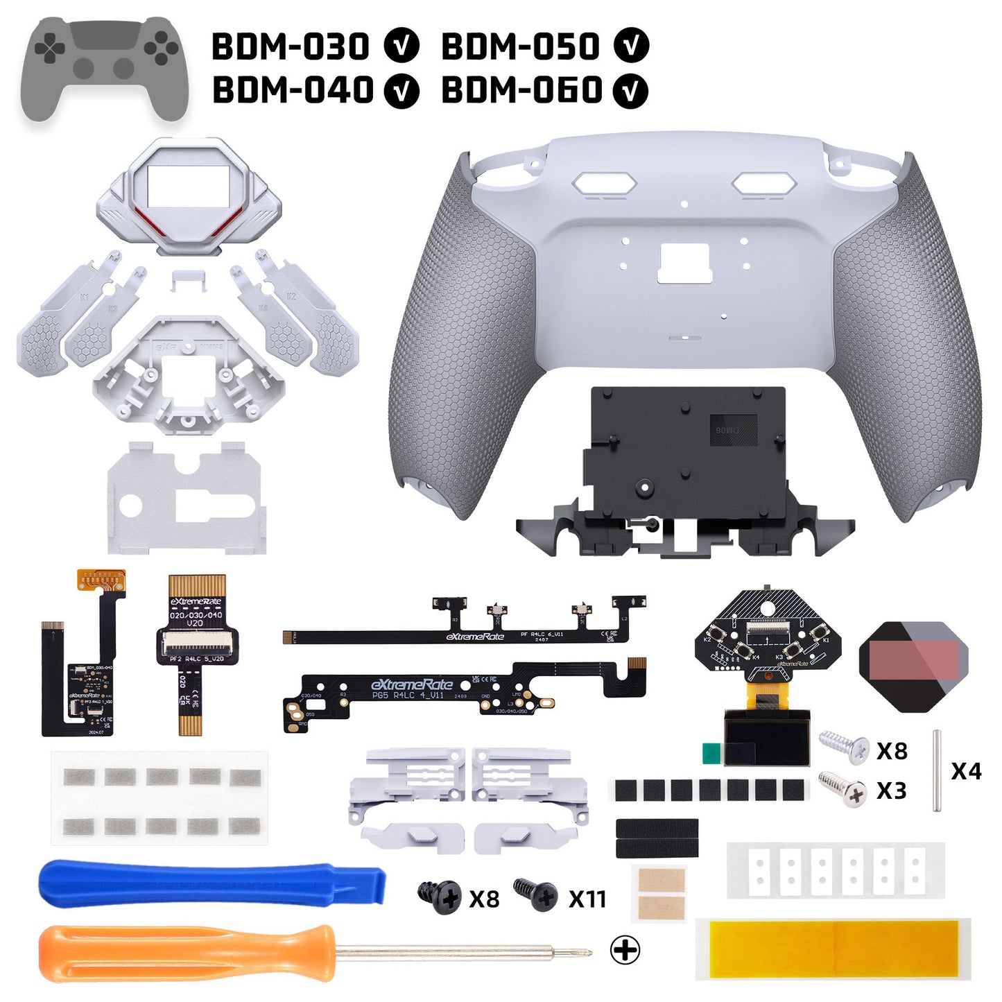 eXtremeRate SPARK Back Paddle Kit for PS5 Controllers BDM-030/040/050/060, with OLED Display, Clicky Trigger Stops, and Ergonomic Grips (White & Gray)