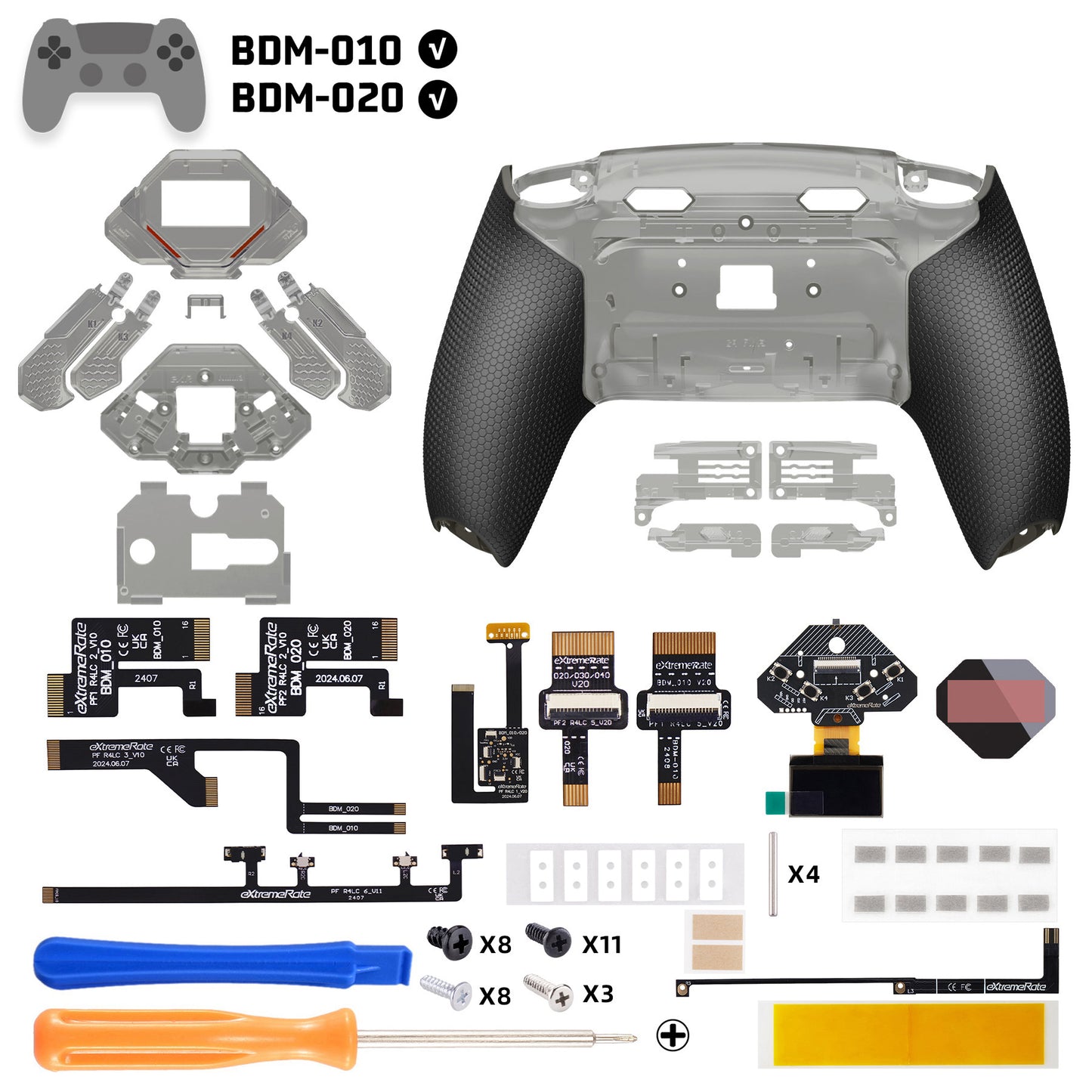 eXtremeRate PS5コントローラーBDM-030/040/050/060対応用SPARK バックパドルキット、OLEDディスプレイ&クリッキートリガーストップ＆エルゴノミックグリップ【クリアブラック】