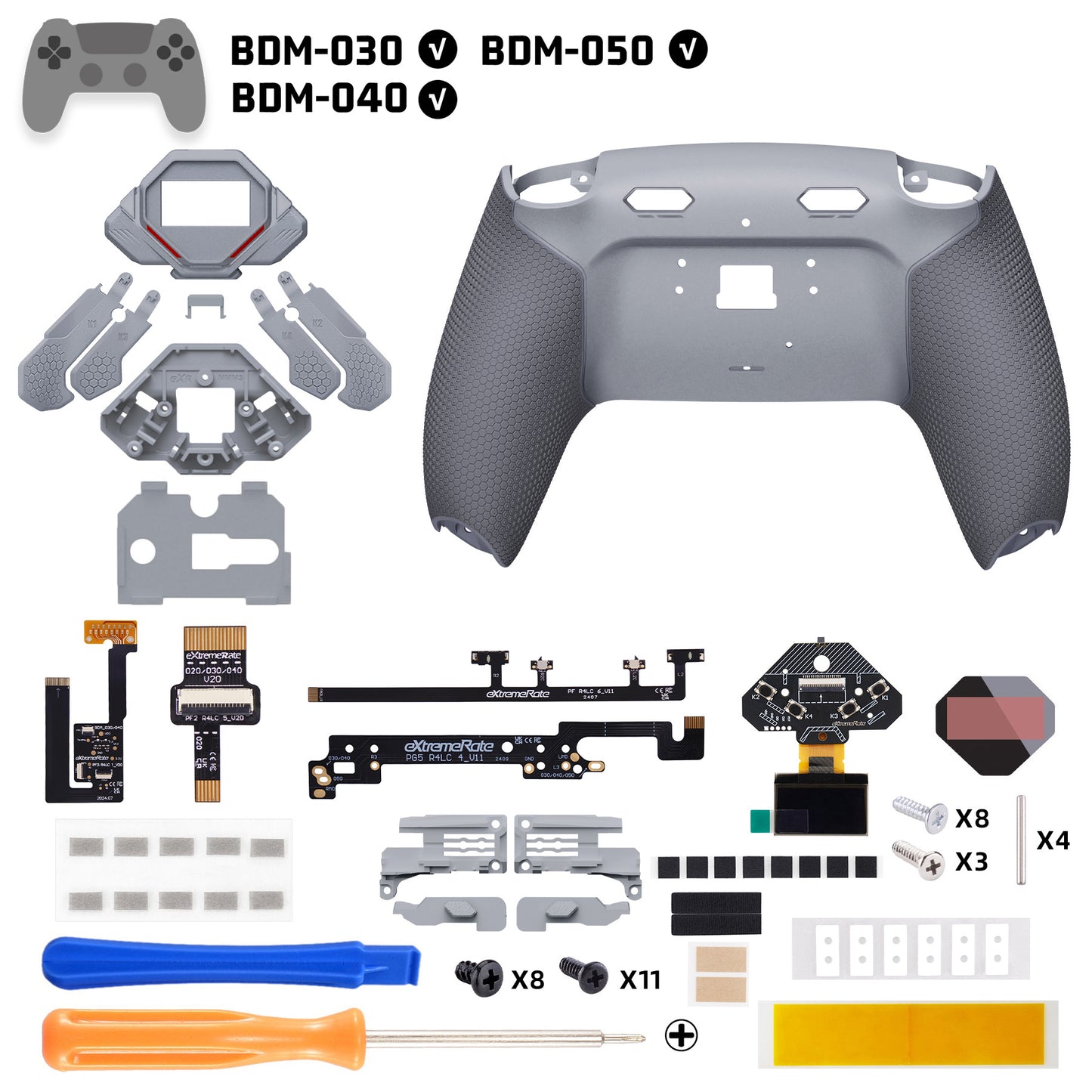 eXtremeRate PS5コントローラーBDM-030/040/050対応用SPARK バックパドルキット、OLEDディスプレイ&クリッキートリガーストップ＆エルゴノミックグリップ【ニューホープグレー＆クラシックグレー】