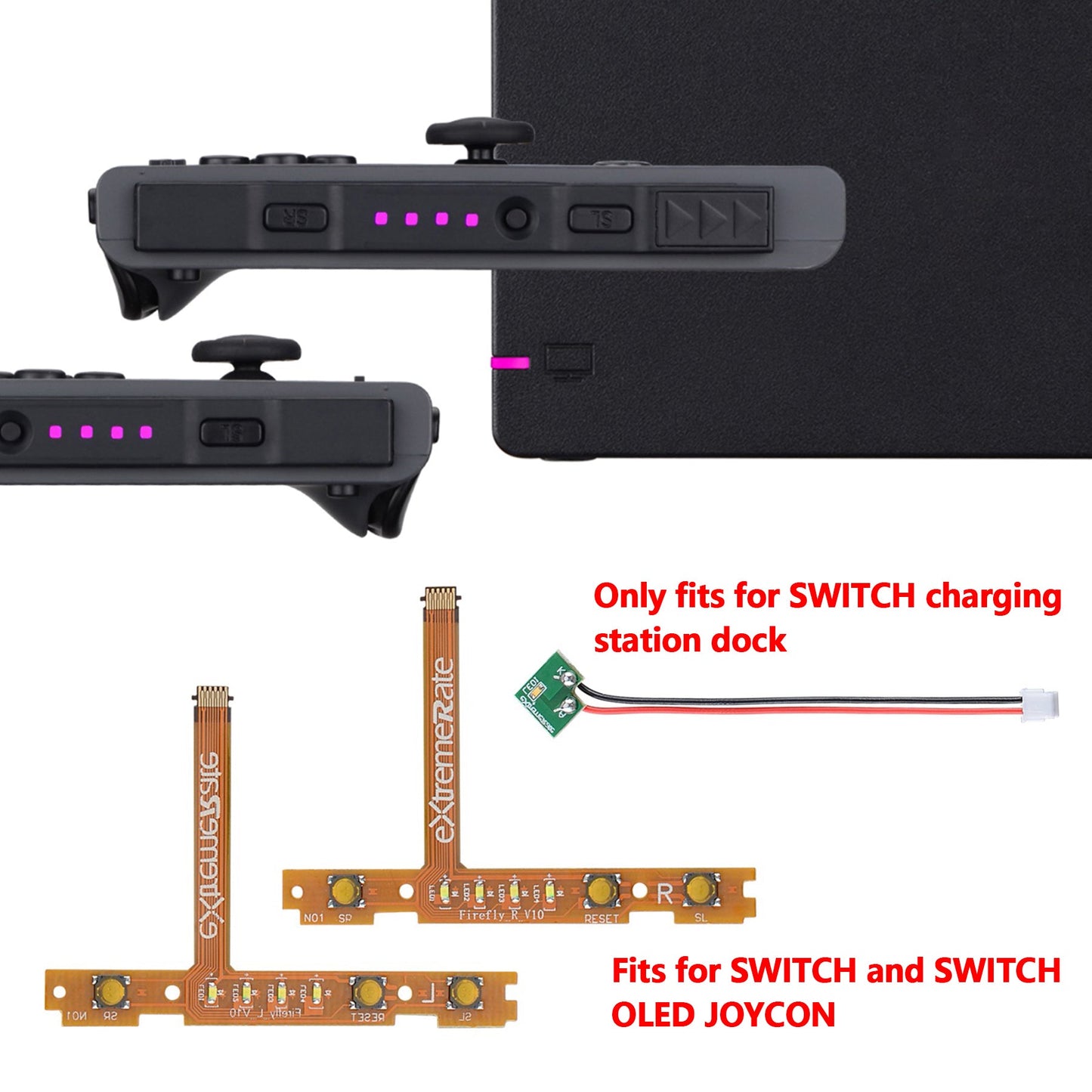 eXtremeRate Retail Pink Firefly LED Tuning Kit for NS Switch Joycons Dock NS Joycon SL SR Buttons Ribbon Flex Cable Indicate Power LED-Joycons Dock NOT Included - NSLED006