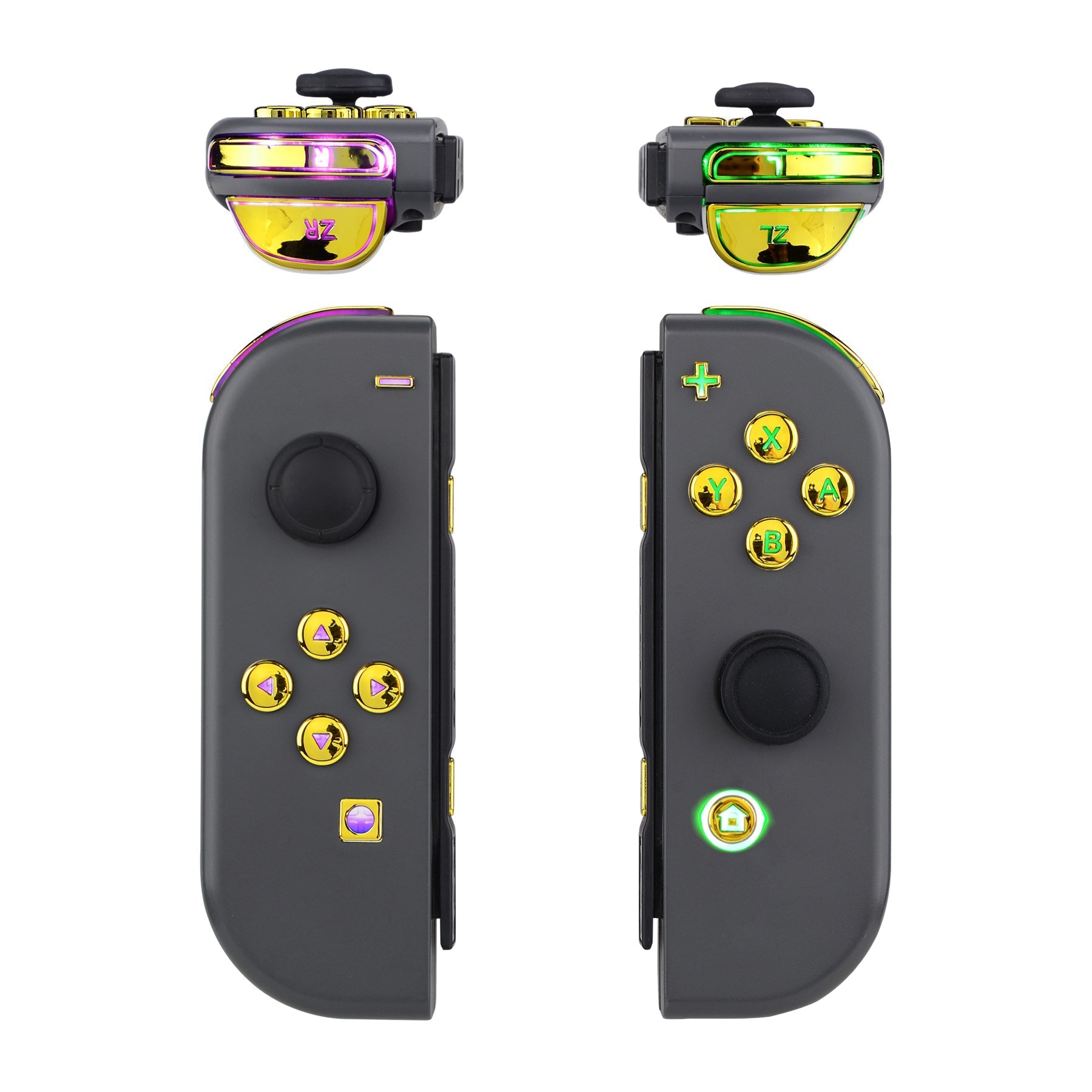 eXtremeRate Retail 7 Colors 9 Modes NS Joycon DFS LED Kit, Multi-Colors Luminated Chrome Gold Classical Symbols ABXY Trigger Face Button for NS Switch JoyCon Controller - Joycon NOT Included - NSLED016G2