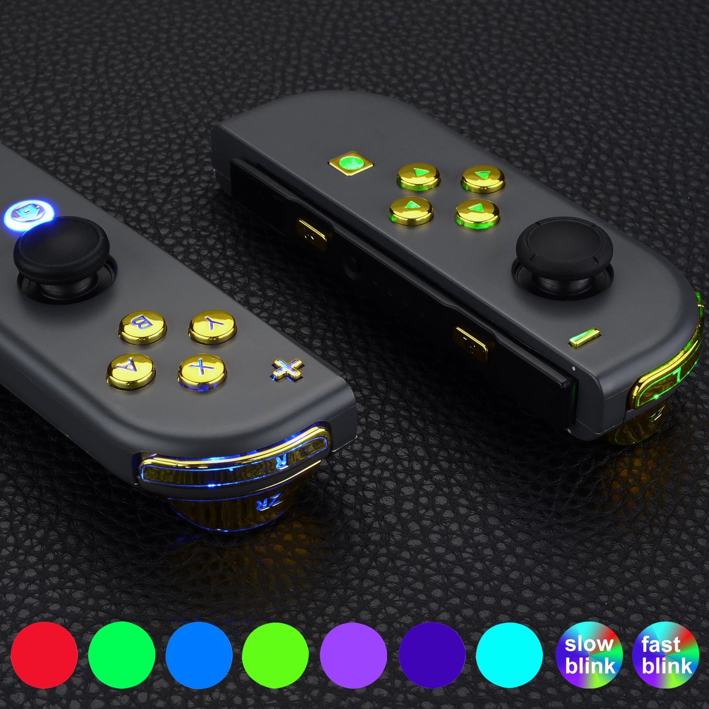 eXtremeRate Retail 7 Colors 9 Modes NS Joycon DFS LED Kit, Multi-Colors Luminated Chrome Gold Classical Symbols ABXY Trigger Face Button for NS Switch JoyCon Controller - Joycon NOT Included - NSLED016G2