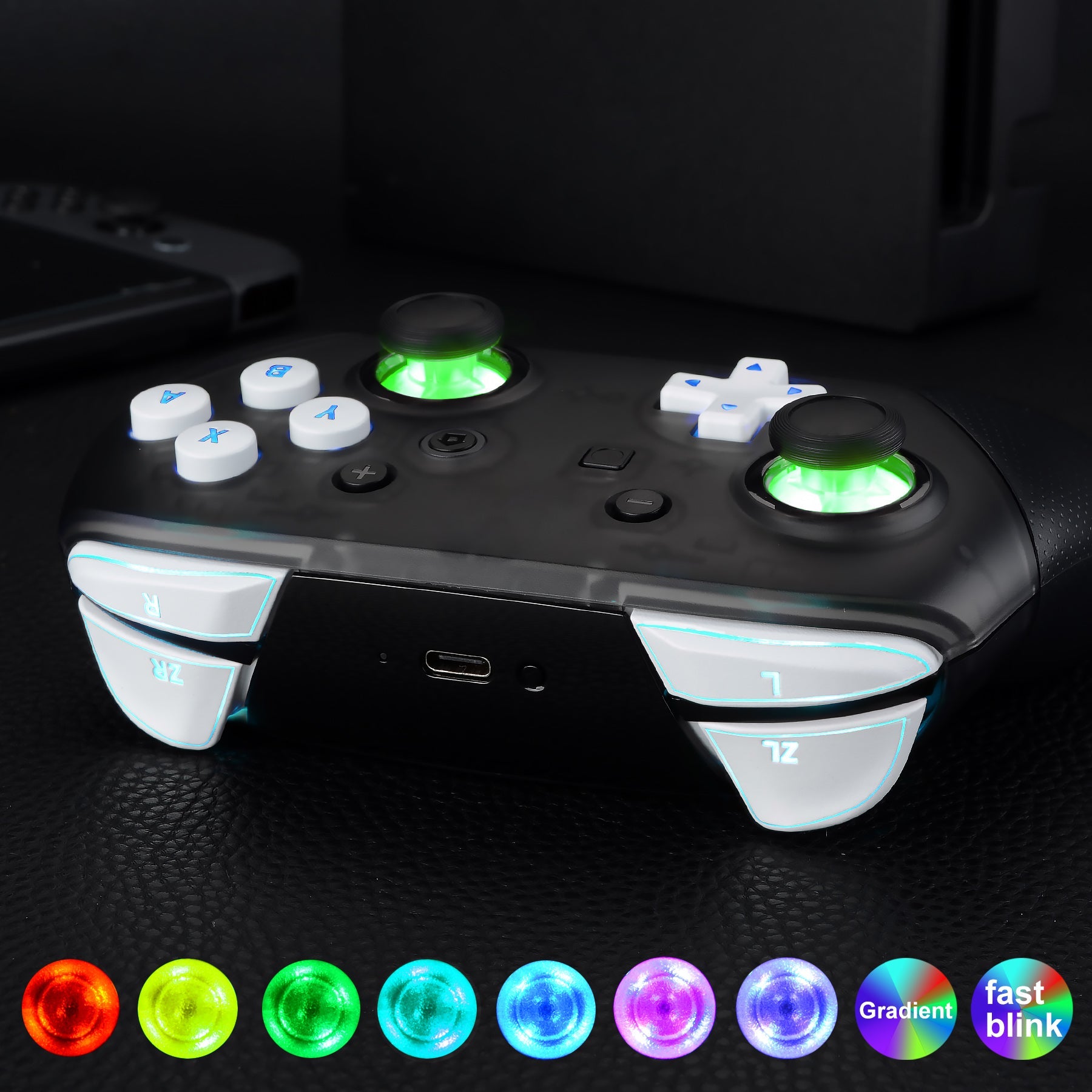 eXtremeRate Retail Multi-Colors Luminated Thumbsticks D-pad ABXY ZR ZL L R White Classic Symbol Buttons DTFS LED Kit for NS Switch Pro Controller - 9 Colors Modes 6 Areas DIY Option Button Control - NSLED017