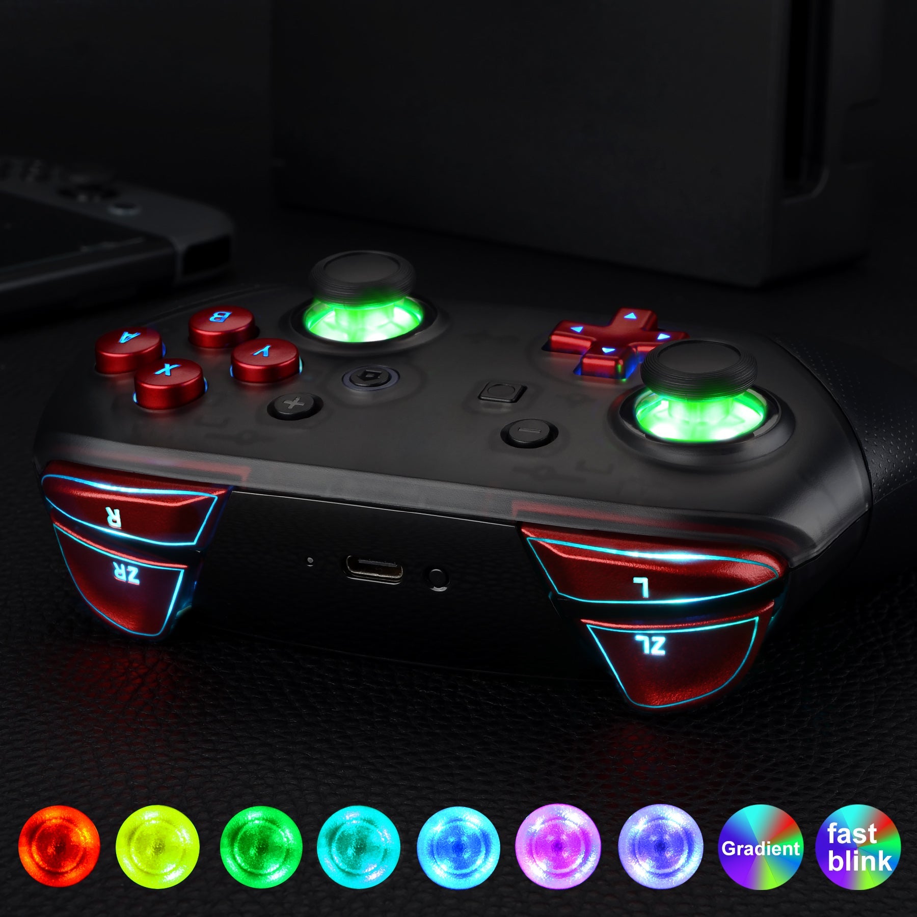 eXtremeRate Retail Multi-Colors Luminated Thumbsticks D-pad ABXY ZR ZL L R Scarlet Red Classic Symbol Buttons DTFS LED Kit for NS Switch Pro Controller - 9 Colors Modes 6 Areas DIY Option Button Control - NSLED019