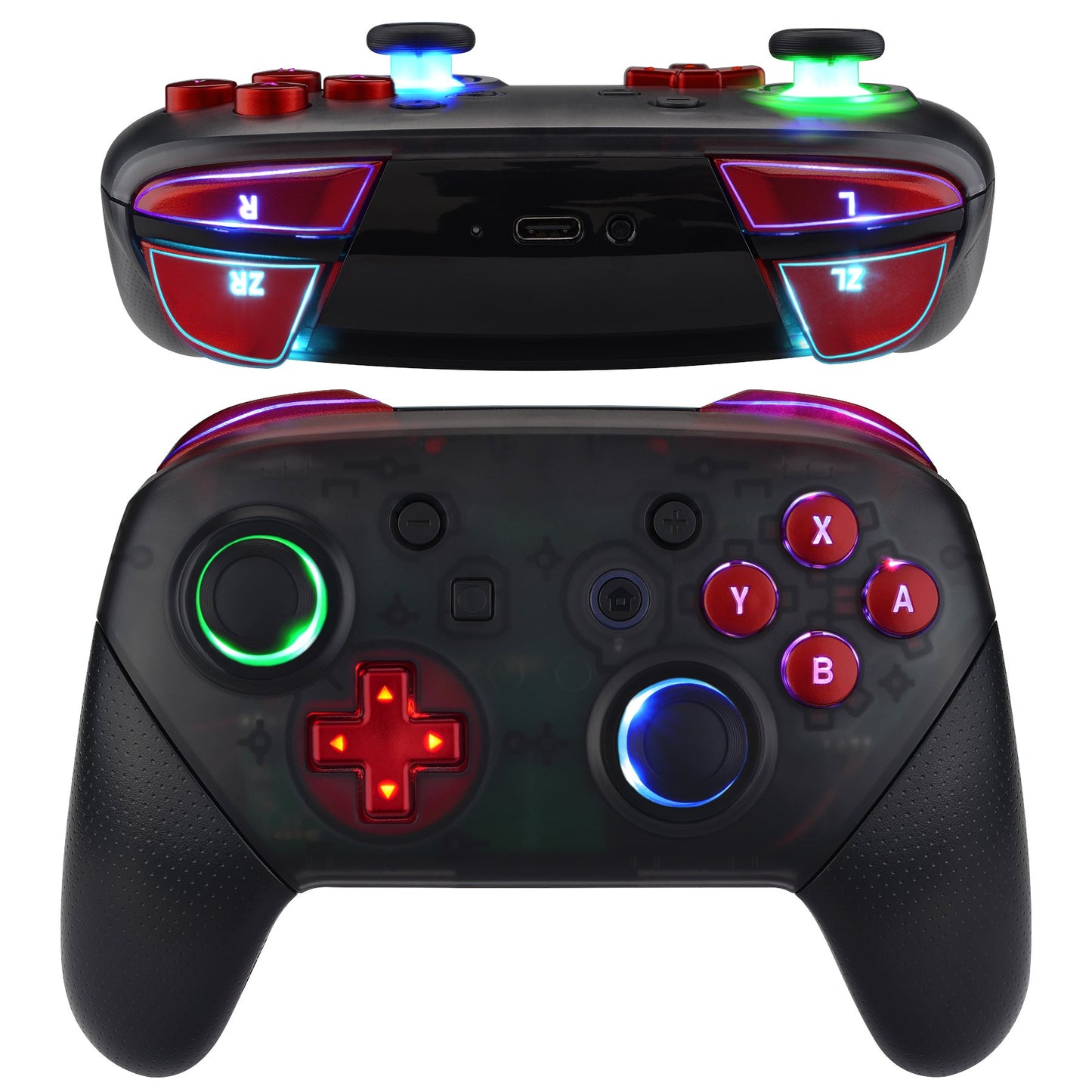 eXtremeRate Retail Multi-Colors Luminated Thumbsticks D-pad ABXY ZR ZL L R Scarlet Red Classic Symbol Buttons DTFS LED Kit for NS Switch Pro Controller - 9 Colors Modes 6 Areas DIY Option Button Control - NSLED019