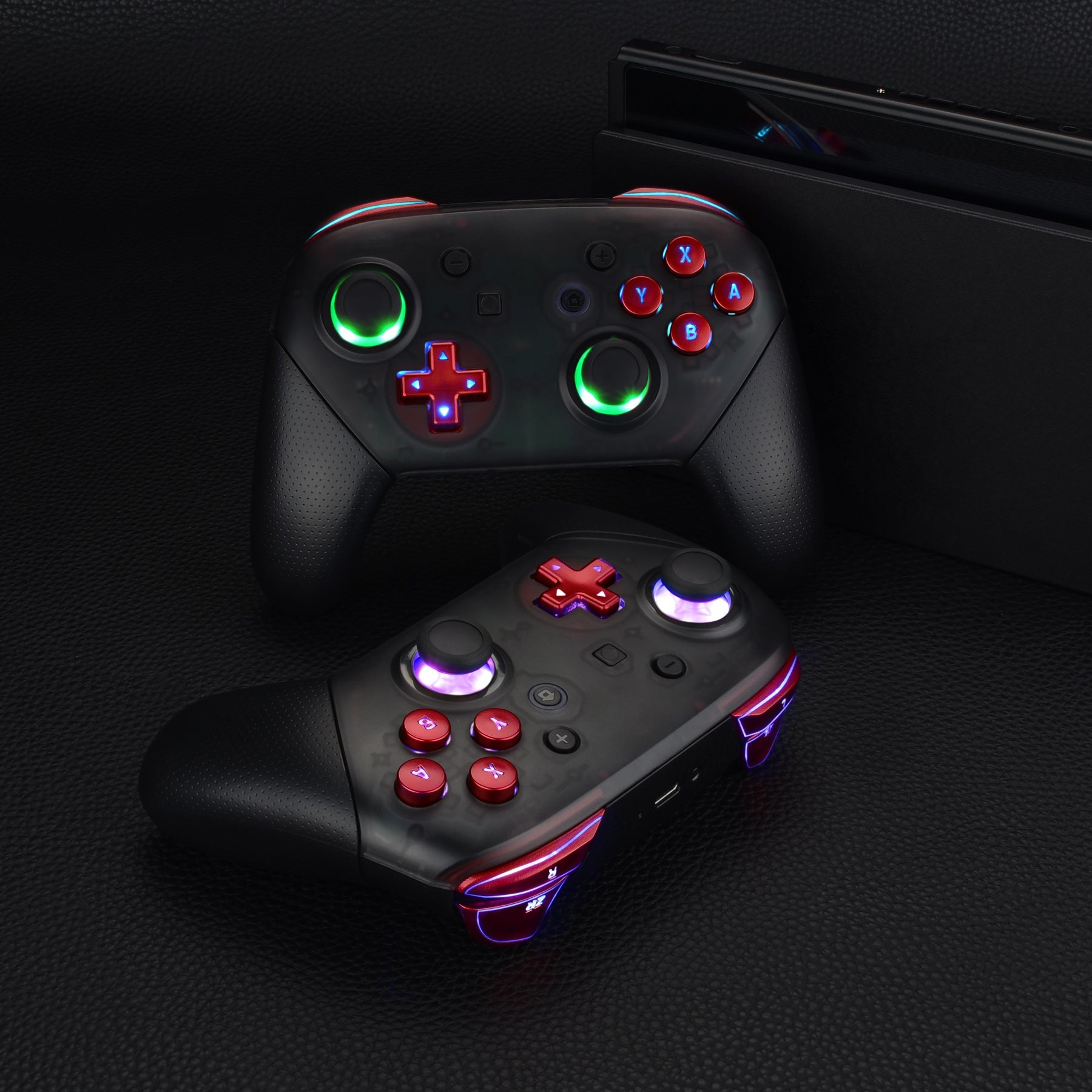 eXtremeRate Retail Multi-Colors Luminated Thumbsticks D-pad ABXY ZR ZL L R Scarlet Red Classic Symbol Buttons DTFS LED Kit for NS Switch Pro Controller - 9 Colors Modes 6 Areas DIY Option Button Control - NSLED019