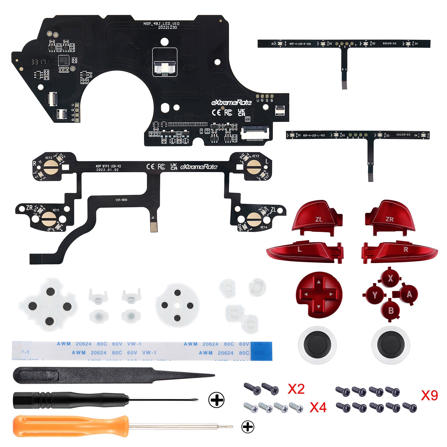 Multi-Colors Luminated Thumbsticks D-pad ABXY ZR ZL L R Scarlet Red Classic Symbol Buttons DTFS LED Kit for NS Switch Pro Controller - 9 Colors Modes 6 Areas DIY Option Button Control - NSLED019 eXtremeRate