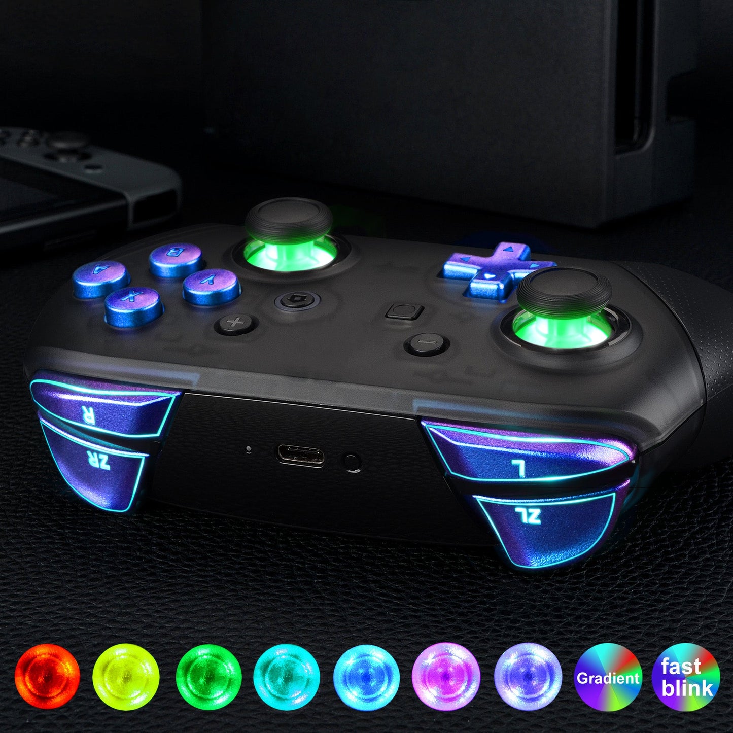 eXtremeRate Retail Multi-Colors Luminated Thumbsticks D-pad ABXY ZR ZL L R Chameleon Purple Blue Classic Symbol Buttons DTFS LED Kit for NS Switch Pro Controller - 9 Colors Modes 6 Areas DIY Option Button Control - NSLED020