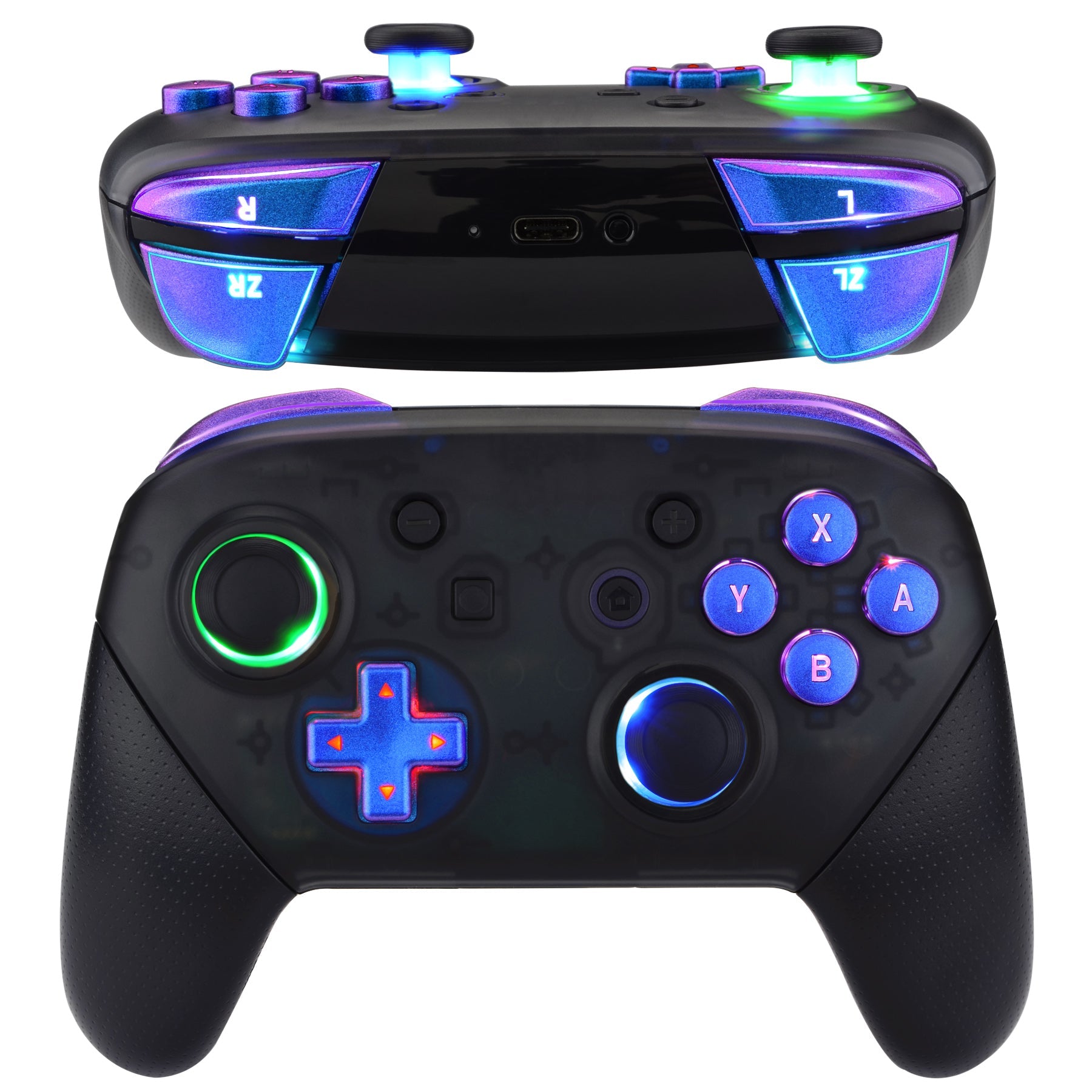 eXtremeRate Retail Multi-Colors Luminated Thumbsticks D-pad ABXY ZR ZL L R Chameleon Purple Blue Classic Symbol Buttons DTFS LED Kit for NS Switch Pro Controller - 9 Colors Modes 6 Areas DIY Option Button Control - NSLED020