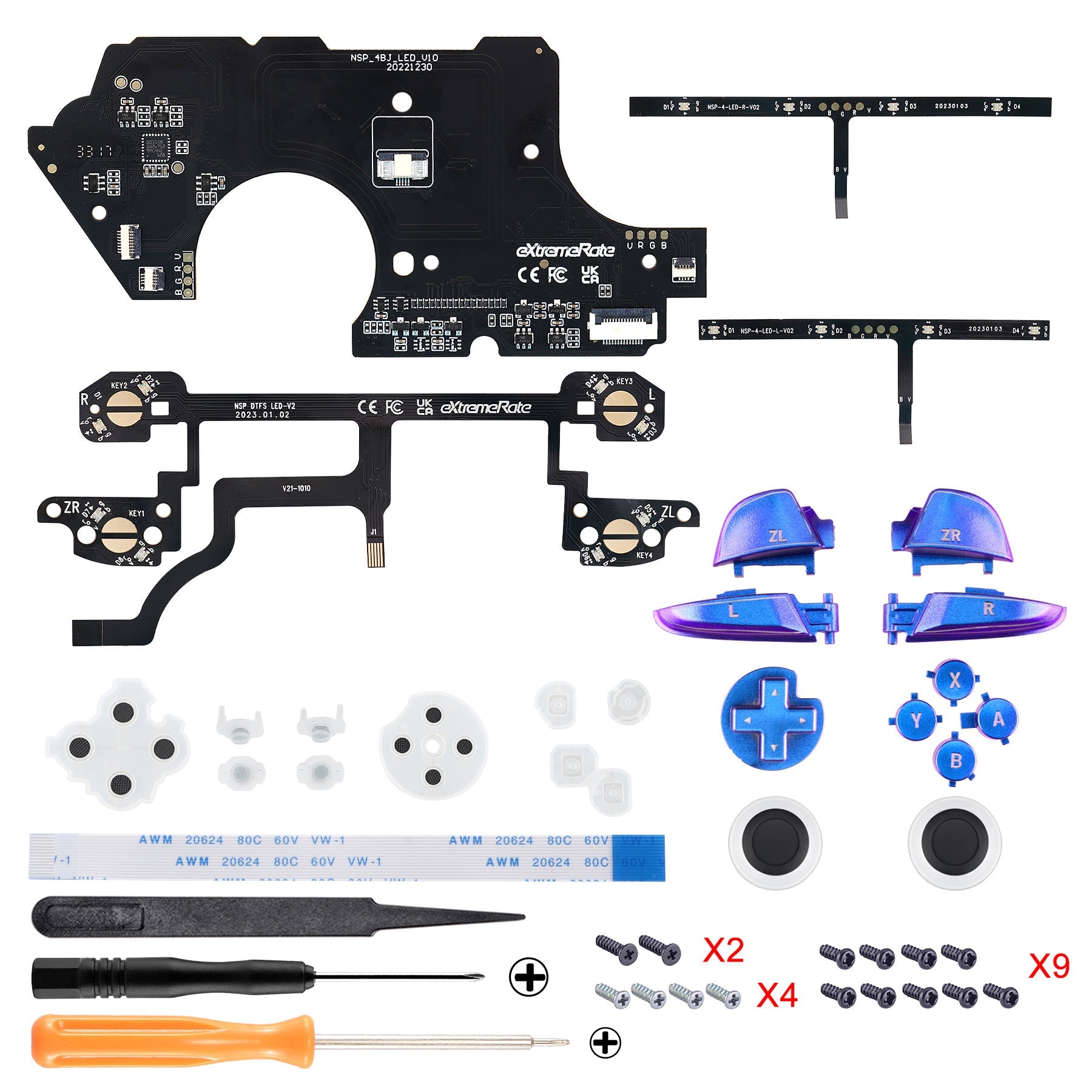 Multi-Colors Luminated Thumbsticks D-pad ABXY ZR ZL L R Chameleon Purple Blue Classic Symbol Buttons DTFS LED Kit for NS Switch Pro Controller - 9 Colors Modes 6 Areas DIY Option Button Control - NSLED020 eXtremeRate