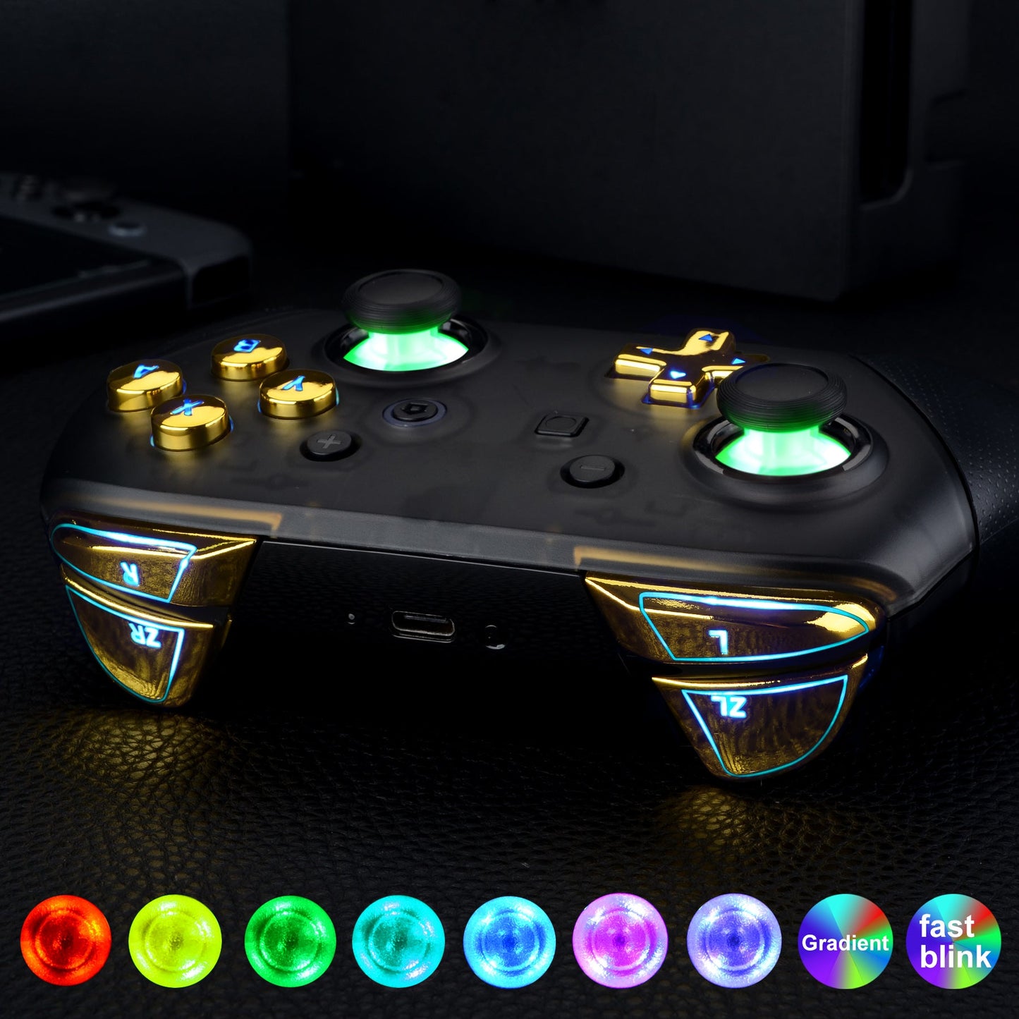 eXtremeRate Retail Multi-Colors Luminated Thumbsticks D-pad ABXY ZR ZL L R Chrome Gold Classic Symbol Buttons DTFS LED Kit for NS Switch Pro Controller - 9 Colors Modes 6 Areas DIY Option Button Control - NSLED021