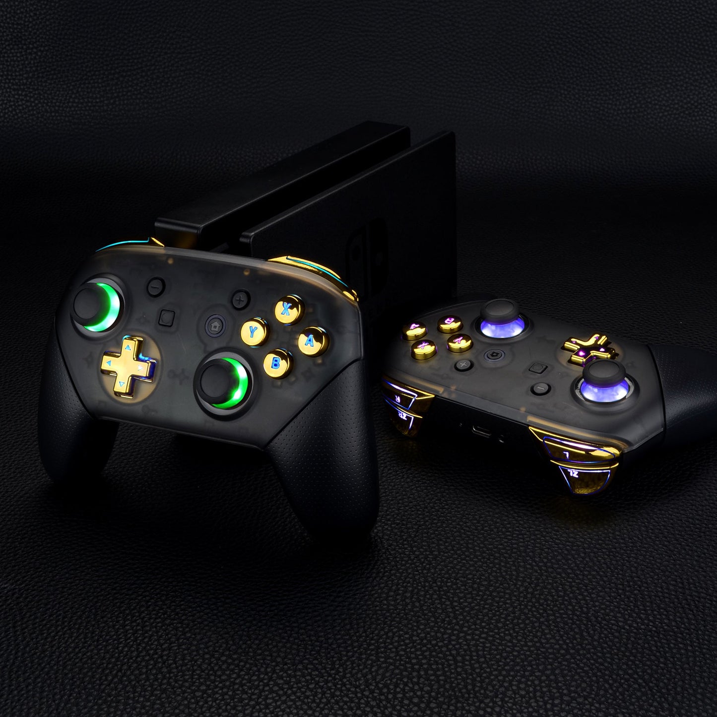 eXtremeRate Retail Multi-Colors Luminated Thumbsticks D-pad ABXY ZR ZL L R Chrome Gold Classic Symbol Buttons DTFS LED Kit for NS Switch Pro Controller - 9 Colors Modes 6 Areas DIY Option Button Control - NSLED021