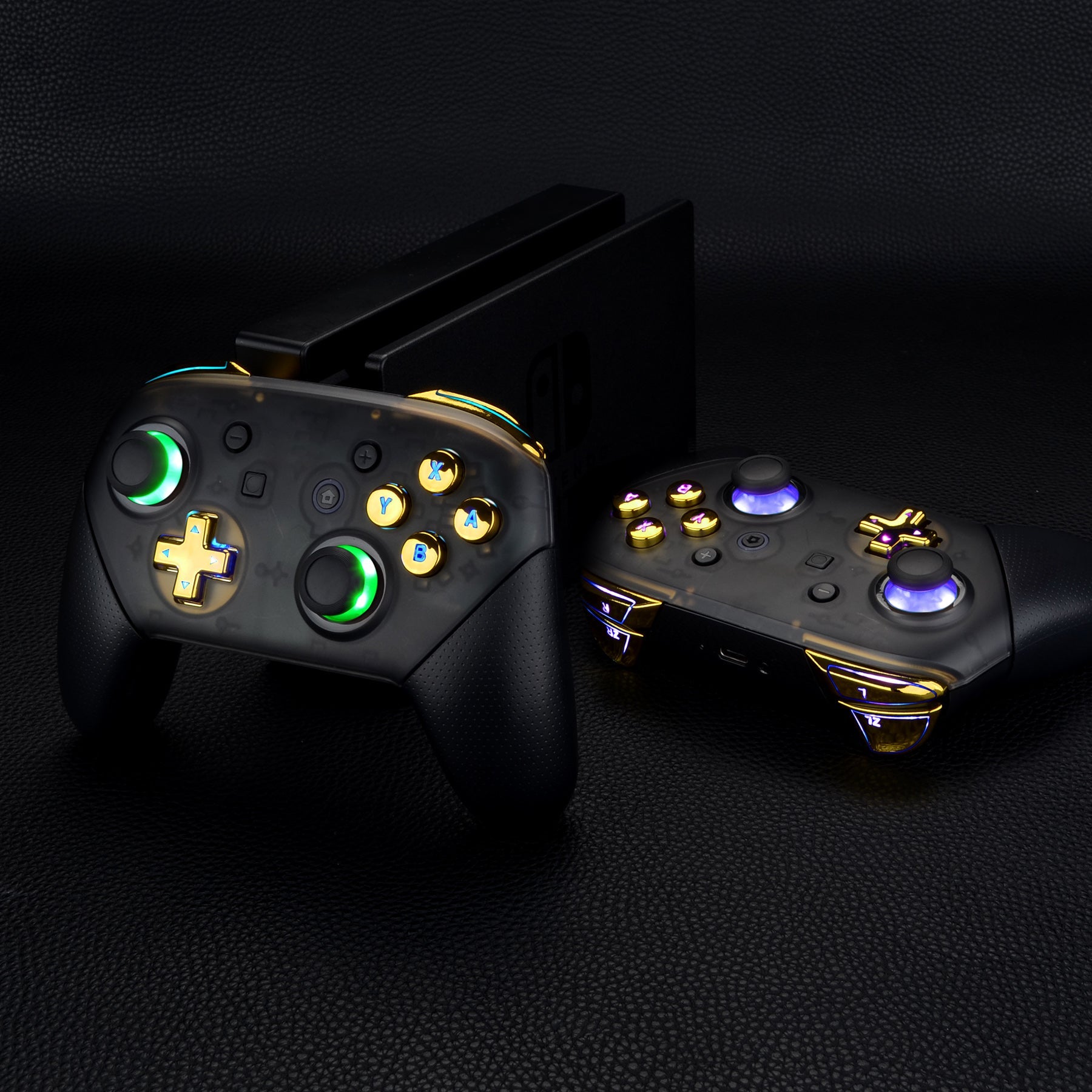 eXtremeRate Retail Multi-Colors Luminated Thumbsticks D-pad ABXY ZR ZL L R Chrome Gold Classic Symbol Buttons DTFS LED Kit for NS Switch Pro Controller - 9 Colors Modes 6 Areas DIY Option Button Control - NSLED021