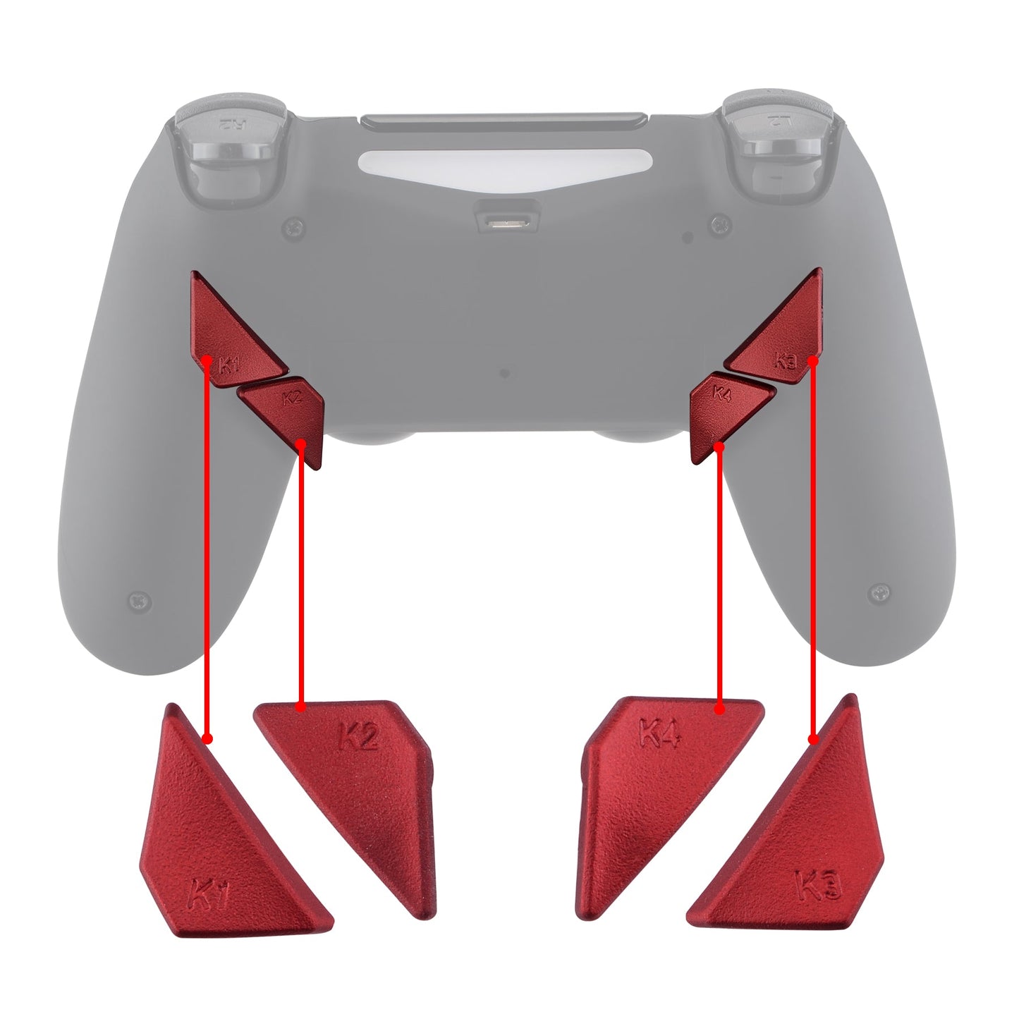 eXtremeRate Retail Soft Touch Scarlet Red Replacement Redesigned Back Buttons K1 K2 K3 K4 Paddles for eXtremeRate ps4 Controller Dawn Remap Kit - P4GZ024