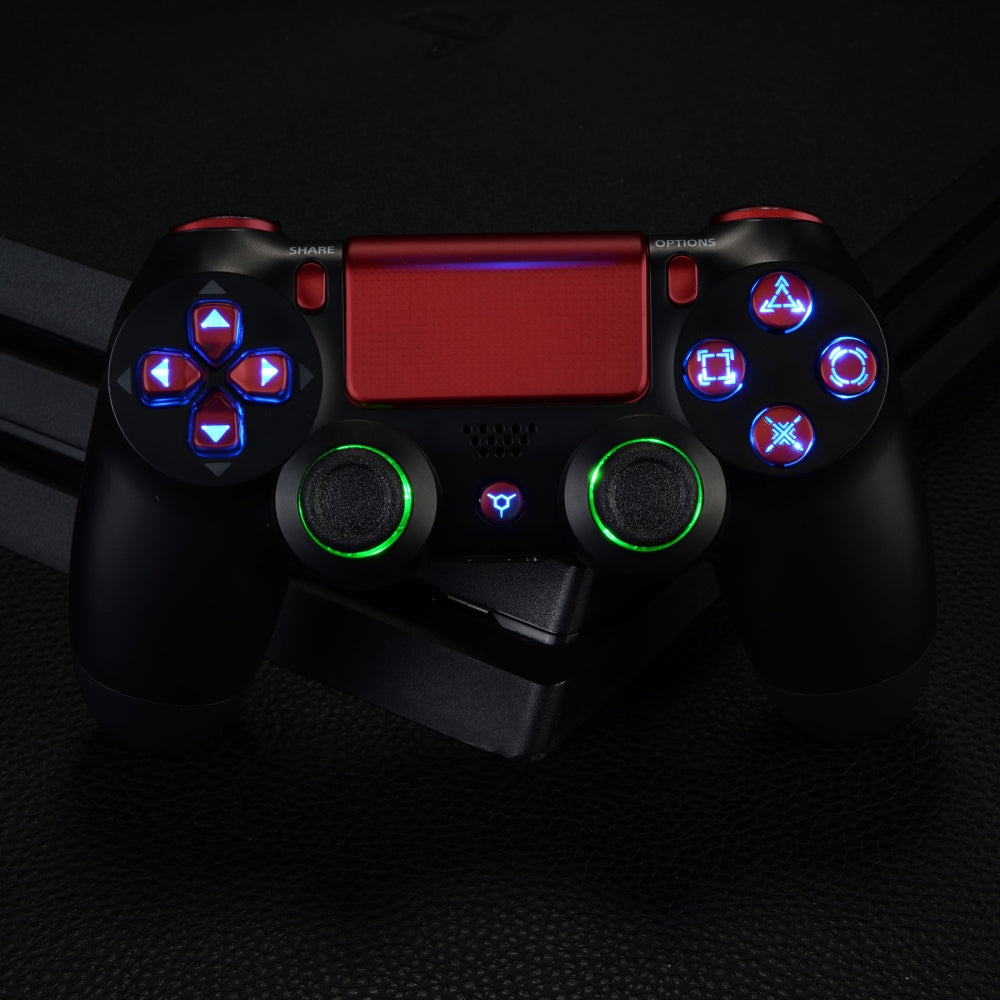 eXtremeRate Retail Multi-Colors Luminated D-pad Thumbstick Trigger Home Face Buttons, Scarlet Red Classical Symbols Buttons DTFS (DTF 2.0) LED Kit for ps4 Slim ps4 Pro Controller - Controller NOT Included - P4LED05