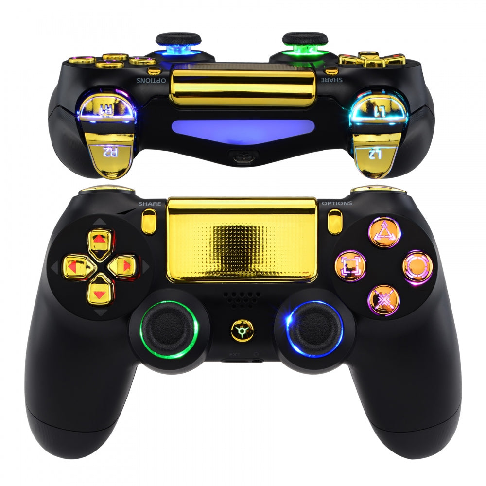 eXtremeRate Retail Multi-Colors Luminated D-pad Thumbstick Trigger Home Face Buttons, Chrome Gold Classical Symbols Buttons DTFS (DTF 2.0) LED Kit for ps4 Slim ps4 Pro Controller - Controller NOT Included - P4LED06