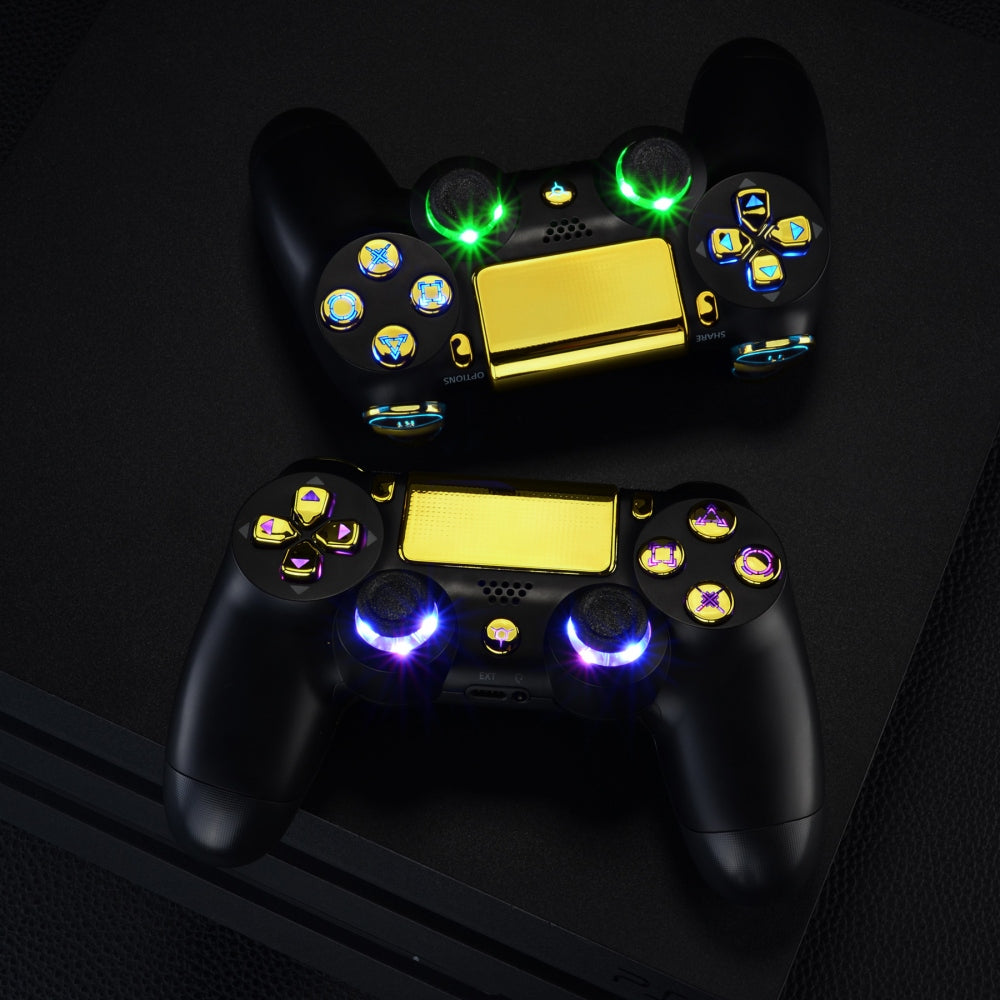 eXtremeRate Retail Multi-Colors Luminated D-pad Thumbstick Trigger Home Face Buttons, Chrome Gold Classical Symbols Buttons DTFS (DTF 2.0) LED Kit for ps4 Slim ps4 Pro Controller - Controller NOT Included - P4LED06