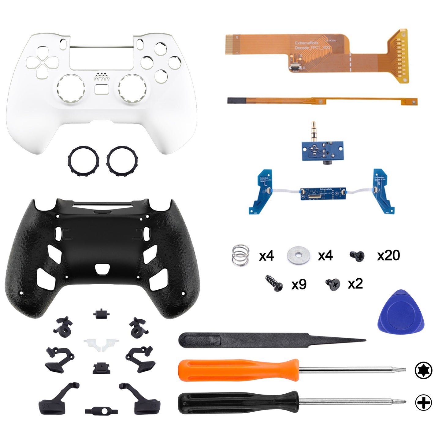 eXtremeRate Retail White DECADE Tournament Controller (DTC) Upgrade Kit for ps4 Controller JDM-040/050/055, Upgrade Board & Ergonomic Shell & Back Buttons & Trigger Stops - Controller NOT Included - P4MG003