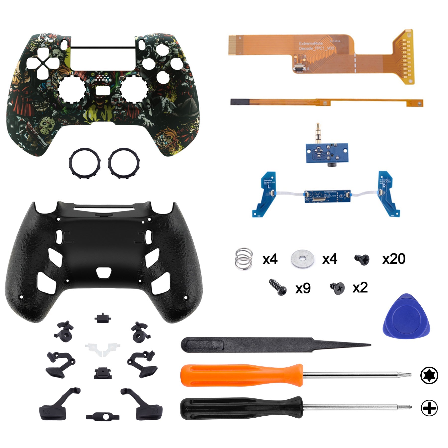 eXtremeRate Retail Scary Party DECADE Tournament Controller (DTC) Upgrade Kit for ps4 Controller JDM-040/050/055, Upgrade Board & Ergonomic Shell & Back Buttons & Trigger Stops - Controller NOT Included - P4MG009