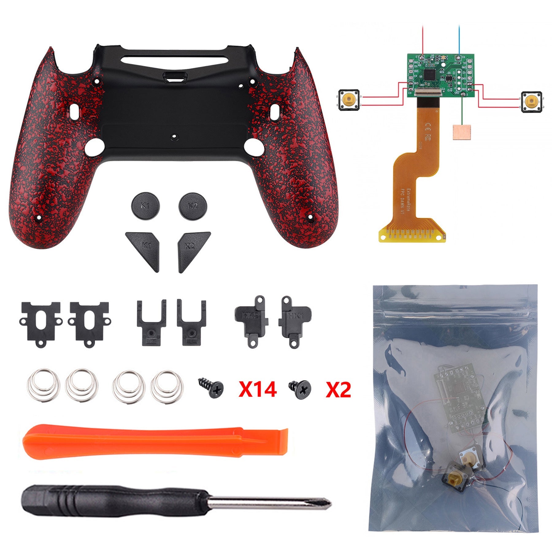 eXtremeRate Retail Textured Red Dawn 2.0 FlashShot Trigger Stop Remap Kit for ps4 CUH-ZCT2 Controller, Part & Back Shell & 2 Back Buttons & 2 Trigger Lock for ps4 Controller JDM 040/050/055 - P4QS003