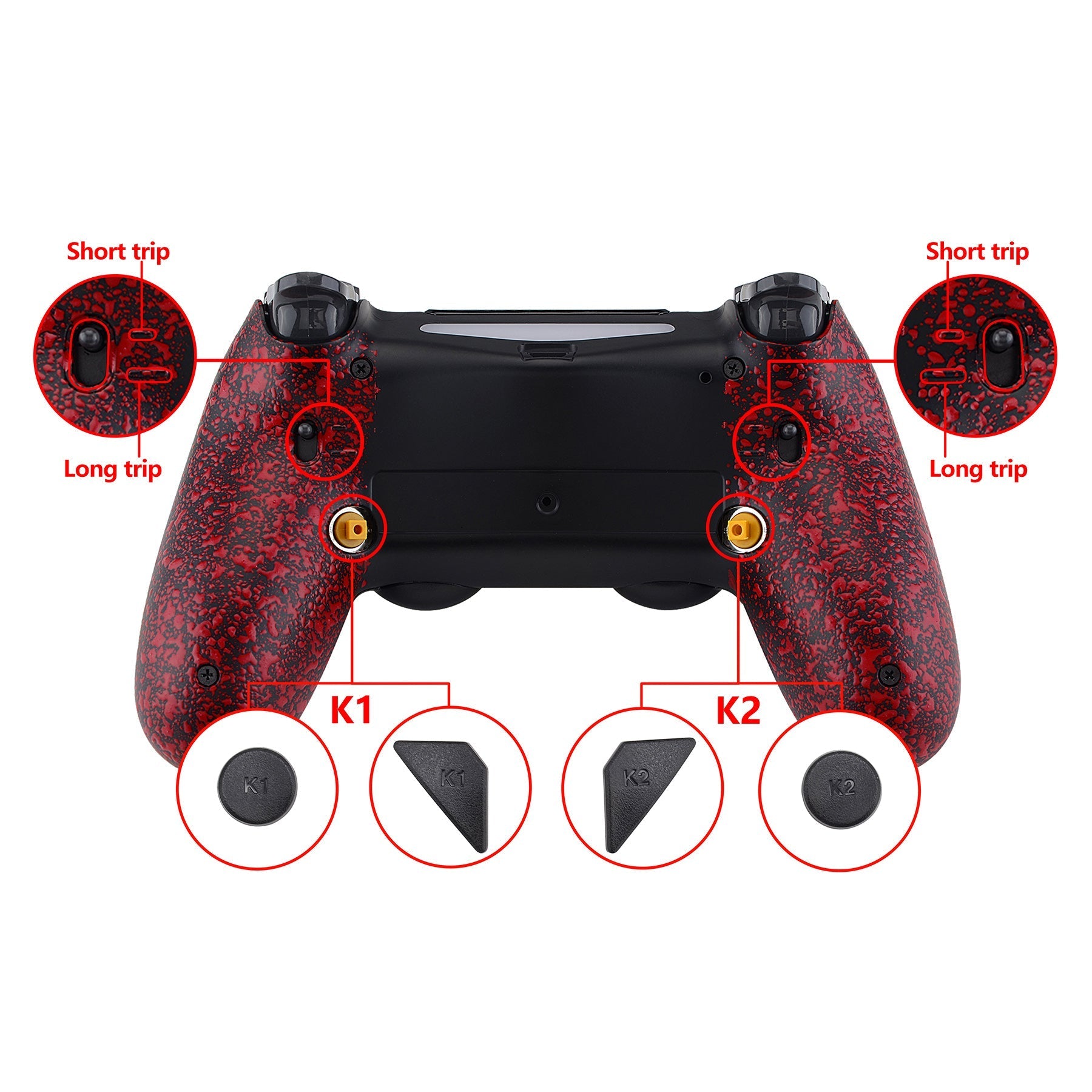 eXtremeRate Retail Textured Red Dawn 2.0 FlashShot Trigger Stop Remap Kit for ps4 CUH-ZCT2 Controller, Part & Back Shell & 2 Back Buttons & 2 Trigger Lock for ps4 Controller JDM 040/050/055 - P4QS003