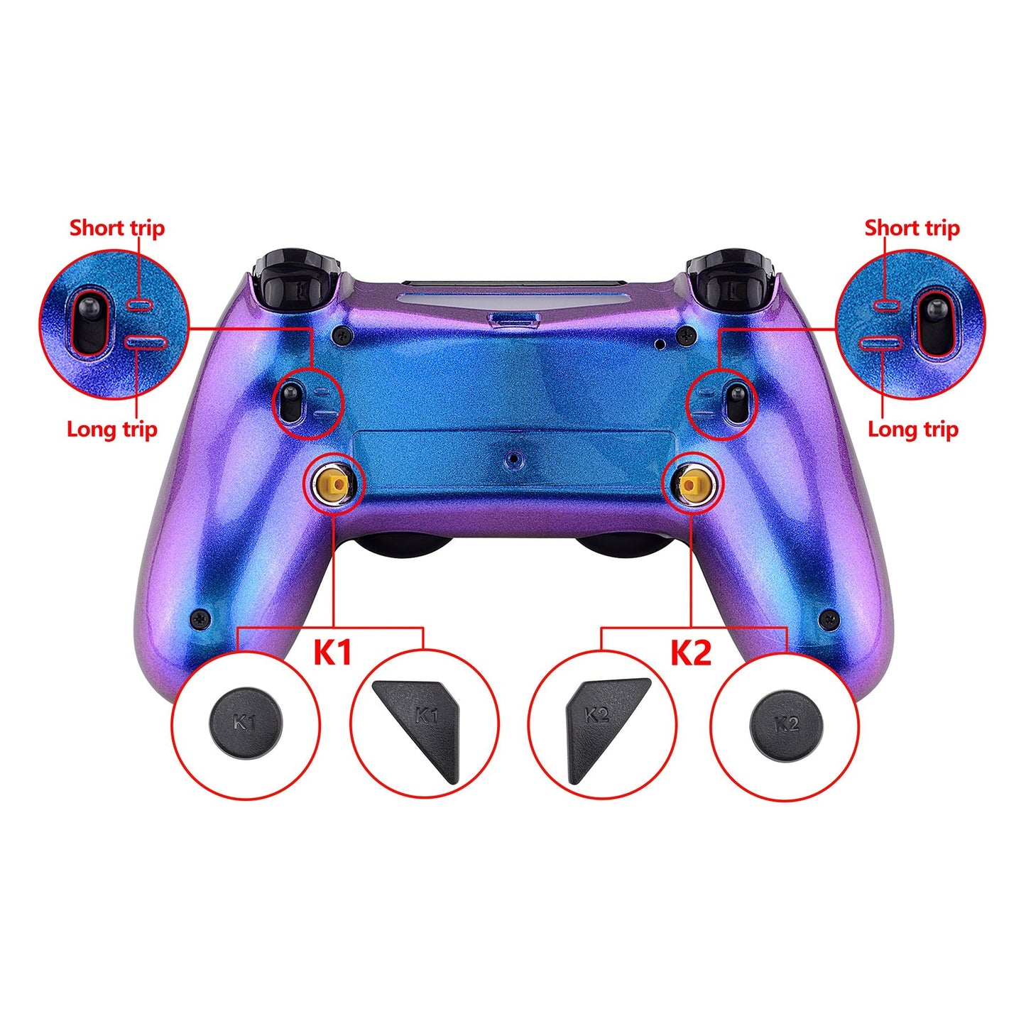 eXtremeRate Retail Chameleon Purple Blue Dawn 2.0 FlashShot Trigger Stop Remap Kit for ps4 CUH-ZCT2 Controller, Part & Back Shell & 2 Back Buttons & 2 Trigger Lock for ps4 Controller JDM 040/050/055 - P4QS006