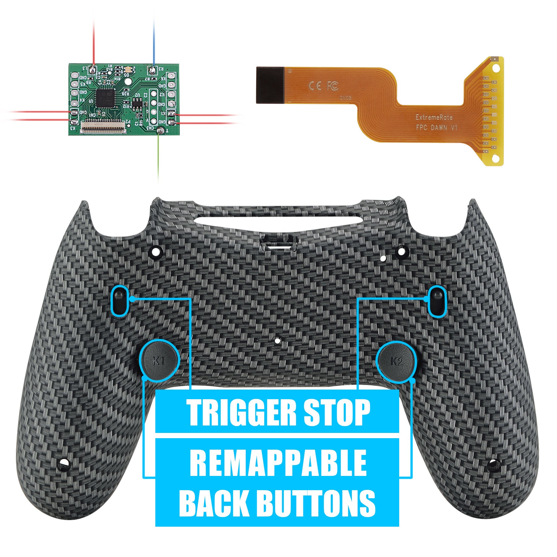 Black Silver Carbon Fiber Dawn 2.0 FlashShot Trigger Stop Remap Kit for ps4 CUH-ZCT2 Controller, Part & Back Shell & 2 Back Buttons & 2 Trigger Lock for ps4 Controller JDM 040/050/055 - P4QS010 eXtremeRate