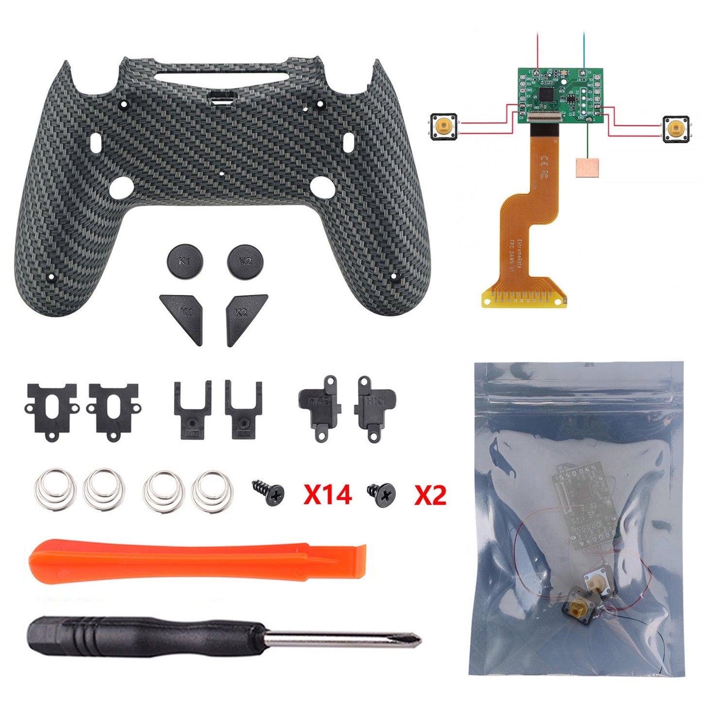 eXtremeRate Retail Black Silver Carbon Fiber Dawn 2.0 FlashShot Trigger Stop Remap Kit for ps4 CUH-ZCT2 Controller, Part & Back Shell & 2 Back Buttons & 2 Trigger Lock for ps4 Controller JDM 040/050/055 - P4QS010