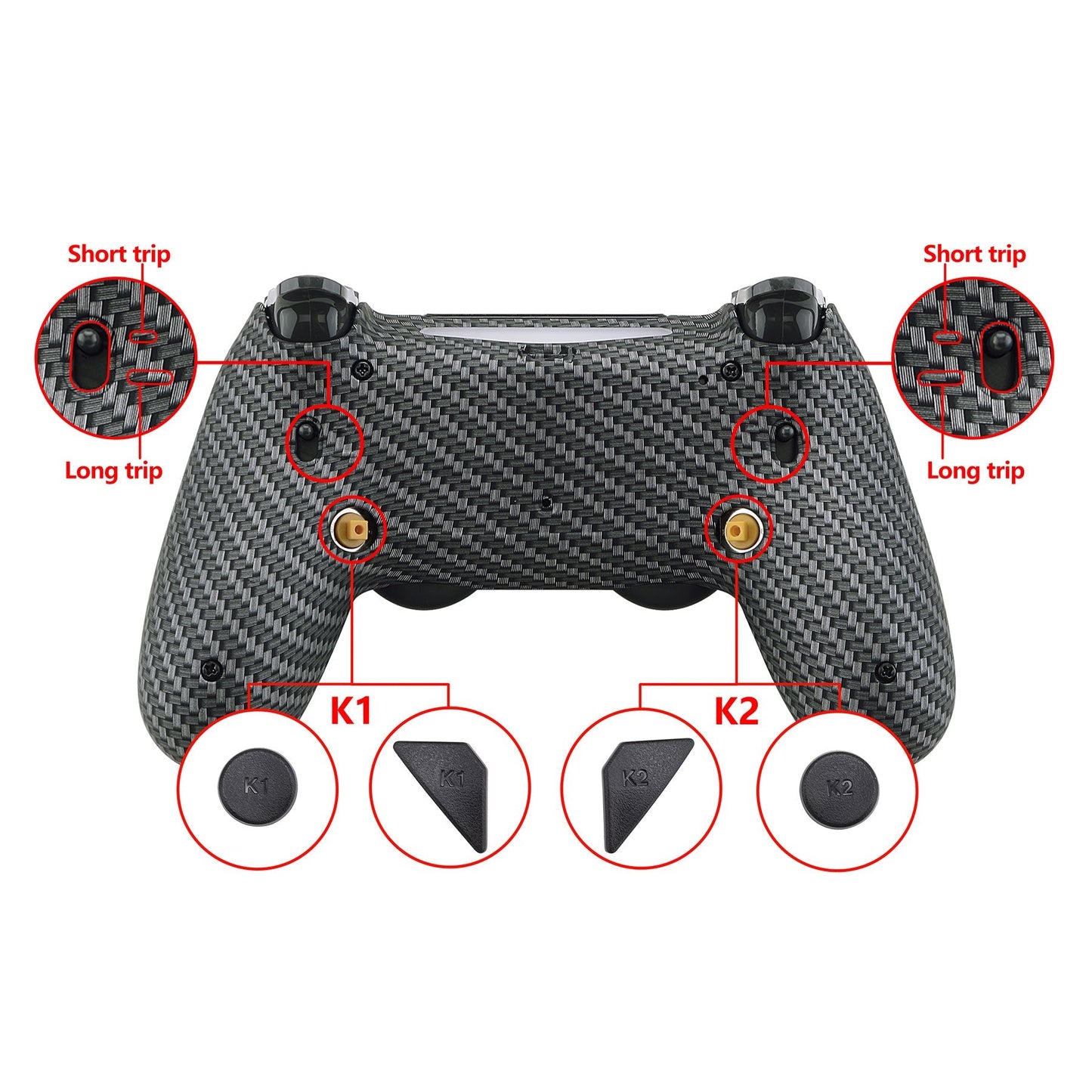 eXtremeRate Retail Black Silver Carbon Fiber Dawn 2.0 FlashShot Trigger Stop Remap Kit for ps4 CUH-ZCT2 Controller, Part & Back Shell & 2 Back Buttons & 2 Trigger Lock for ps4 Controller JDM 040/050/055 - P4QS010