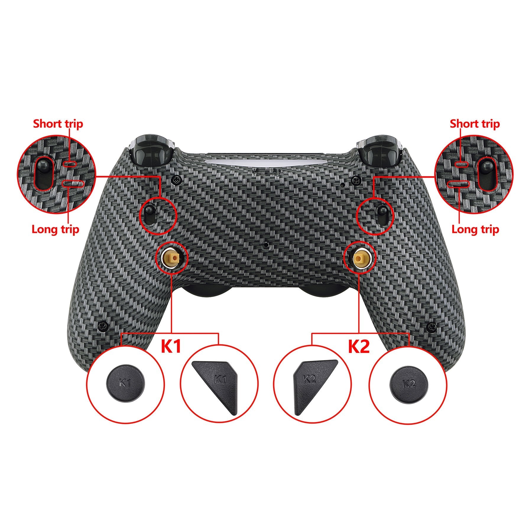 eXtremeRate Retail Black Silver Carbon Fiber Dawn 2.0 FlashShot Trigger Stop Remap Kit for ps4 CUH-ZCT2 Controller, Part & Back Shell & 2 Back Buttons & 2 Trigger Lock for ps4 Controller JDM 040/050/055 - P4QS010