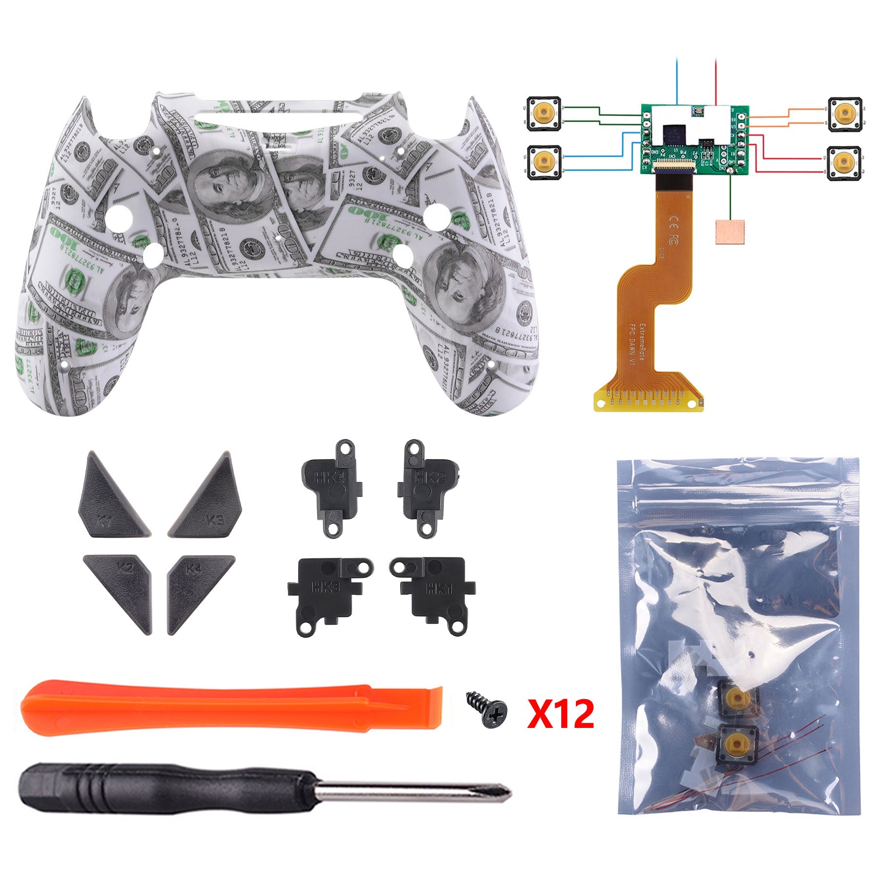 eXtremeRate Retail 100$ Cash Money Dollar Patterned Dawn Remappable Remap Kit with Redesigned Back Shell & 4 Back Buttons for ps4 Controller JDM 040/050/055 - P4RM001