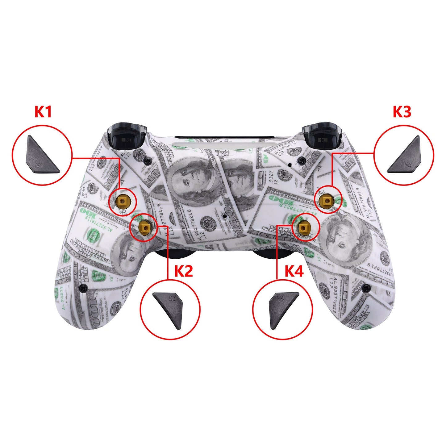 eXtremeRate Retail 100$ Cash Money Dollar Patterned Dawn Remappable Remap Kit with Redesigned Back Shell & 4 Back Buttons for ps4 Controller JDM 040/050/055 - P4RM001