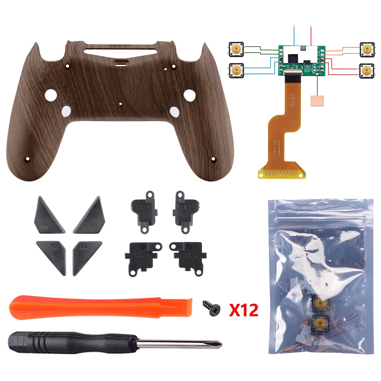 eXtremeRate Retail Wood Grain Patterned Dawn Remappable Remap Kit with Redesigned Back Shell & 4 Back Buttons for ps4 Controller JDM 040/050/055 - P4RM004