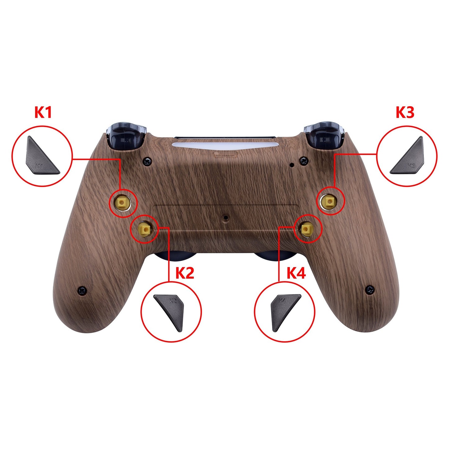 eXtremeRate Retail Wood Grain Patterned Dawn Remappable Remap Kit with Redesigned Back Shell & 4 Back Buttons for ps4 Controller JDM 040/050/055 - P4RM004