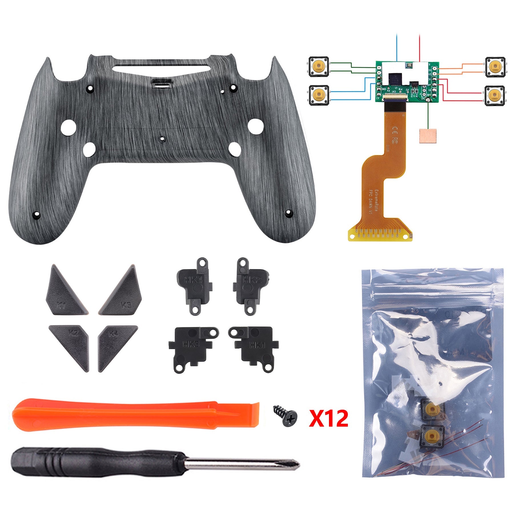 eXtremeRate Retail Brushed Silver Patterned Dawn Remappable Remap Kit with Redesigned Back Shell & 4 Back Buttons for ps4 Controller JDM 040/050/055 - P4RM005