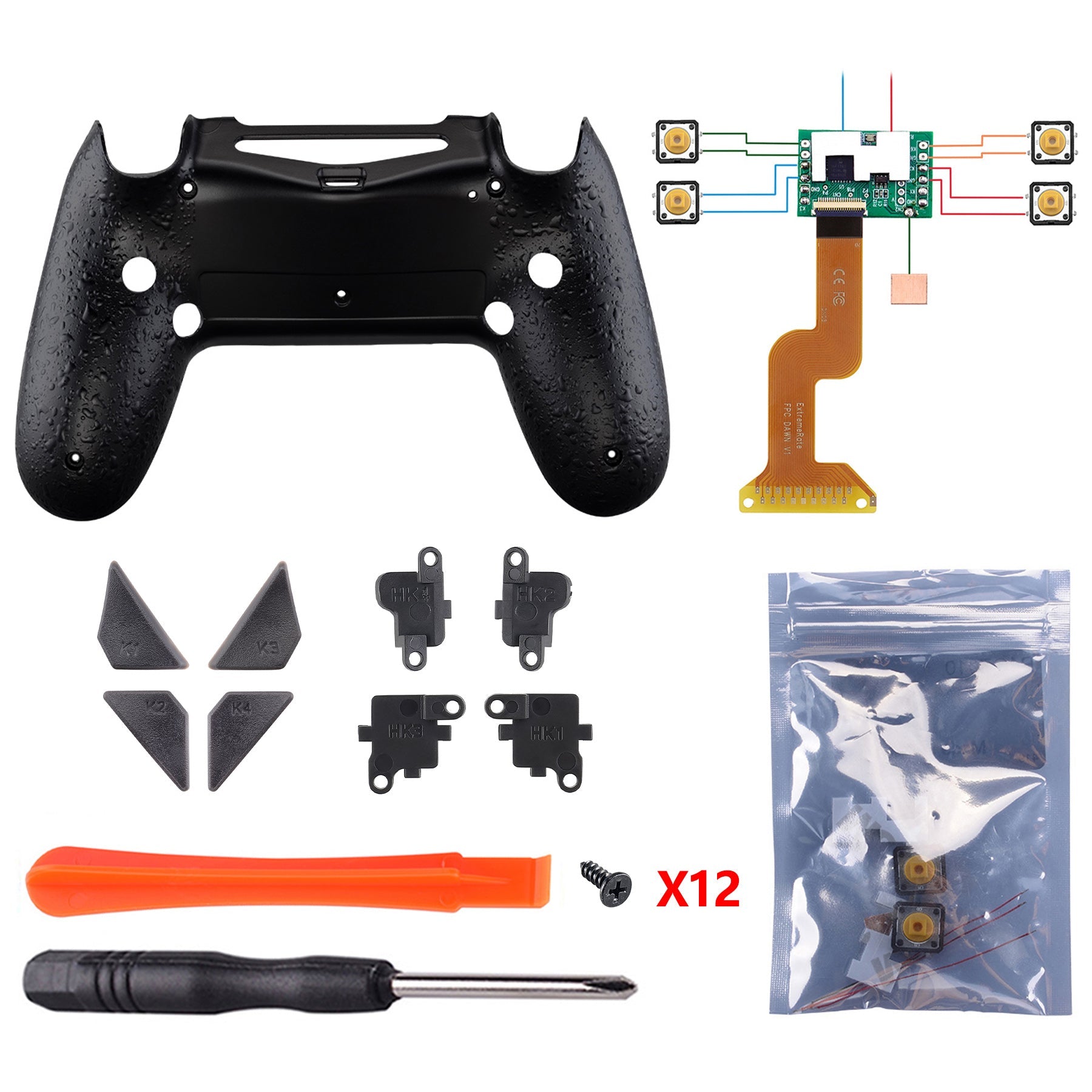 eXtremeRate Retail Textured Black Dawn Remappable Remap Kit with Redesigned Back Shell & 4 Back Buttons for ps4 Controller JDM 040/050/055 - P4RM006